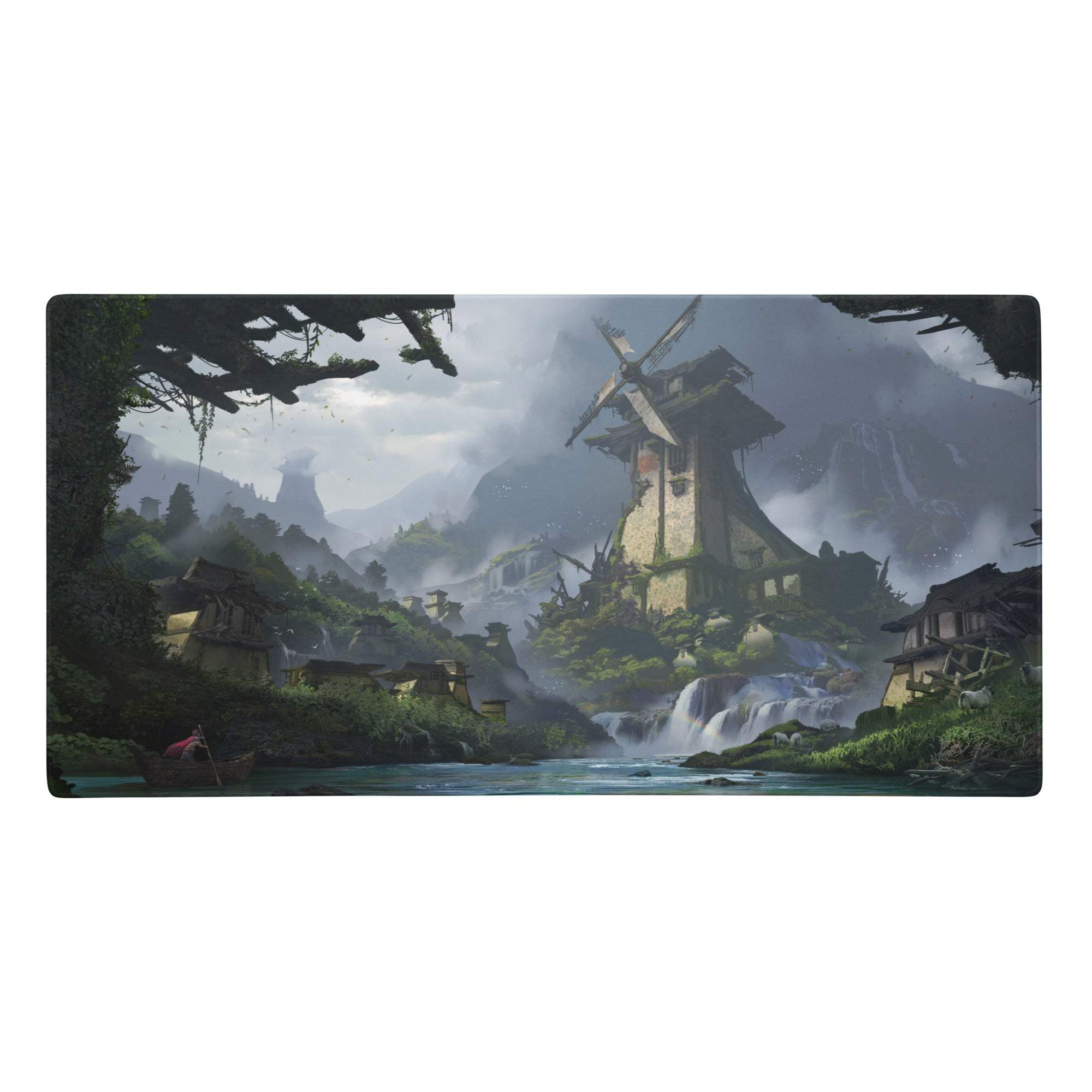 Rectangular gaming mousepad with a detailed fantasy landscape of misty mountains and waterfalls in blue green tones