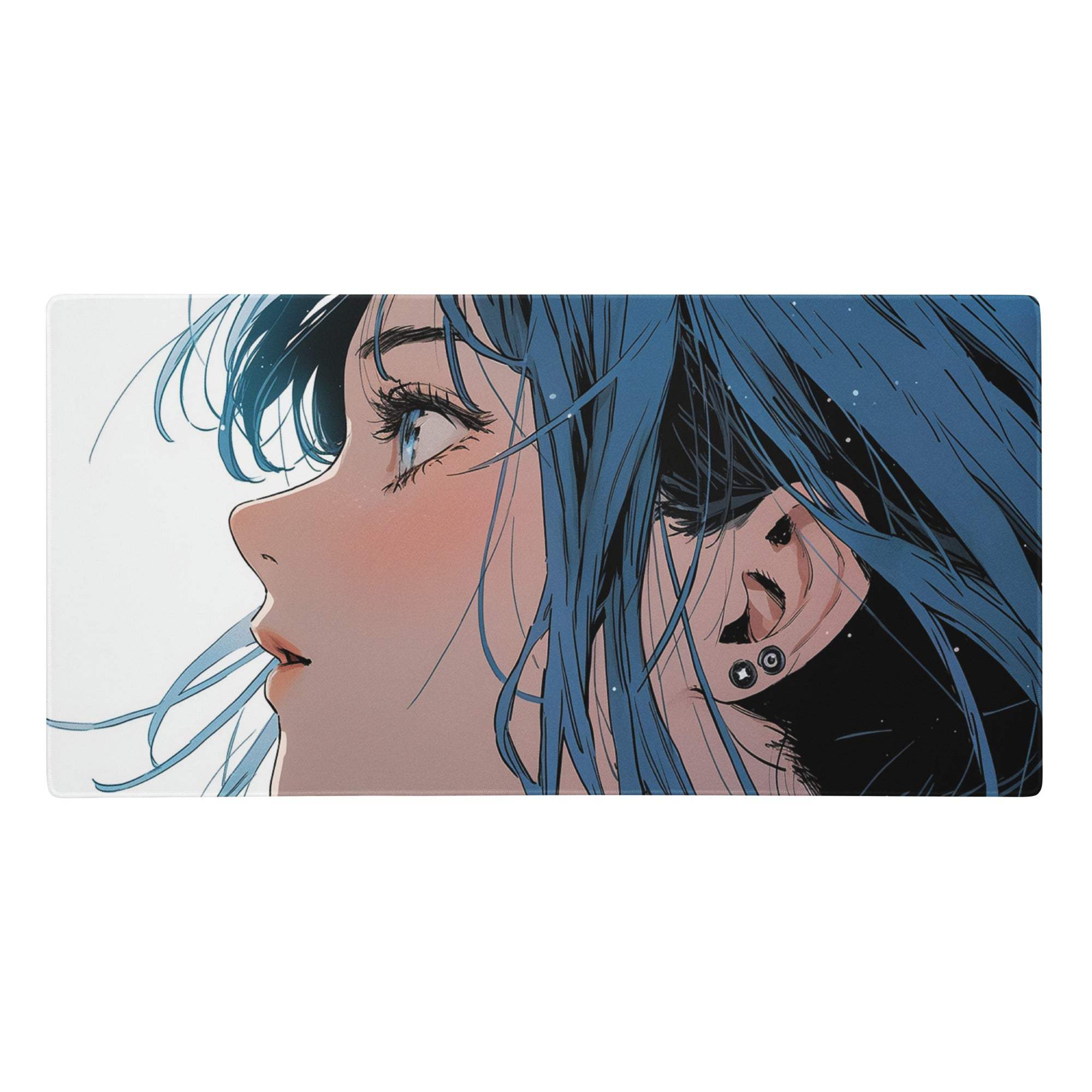 Blue haired anime desk pad with cool blue and white design on a rectangular gaming mouse pad for modern gamers