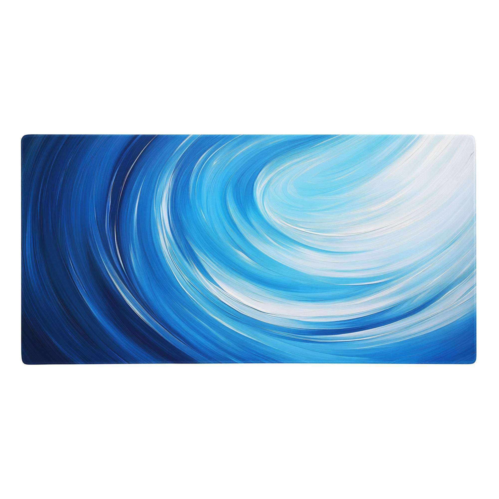 Blue swirl gaming mouse pad with deep blue white abstract brushstrokes large anti slip textile print desk decor