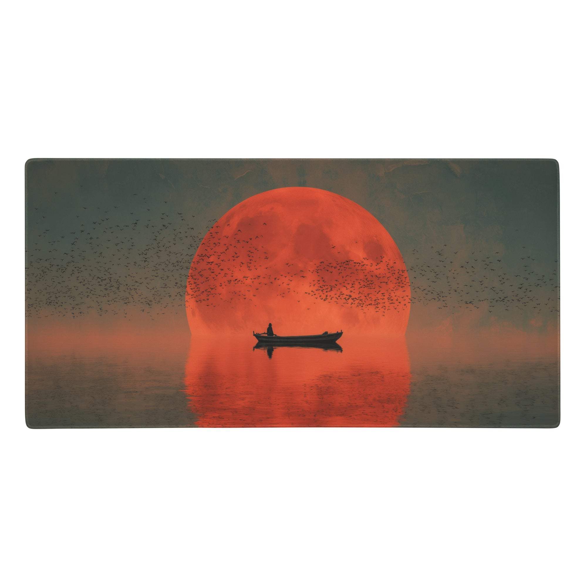 A rectangular crimson sunset ocean mouse pad with a serene orange moon and boat silhouette over calm water for gaming desks