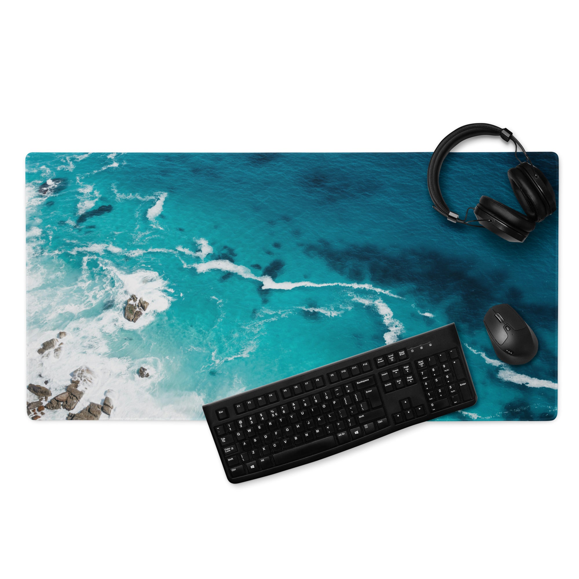 Azure Ocean Wave Desk Pad - Ocean Waves Blue Turquoise Desk Pad Modern Serene Mood Coastal Nautical Office Gaming Photo