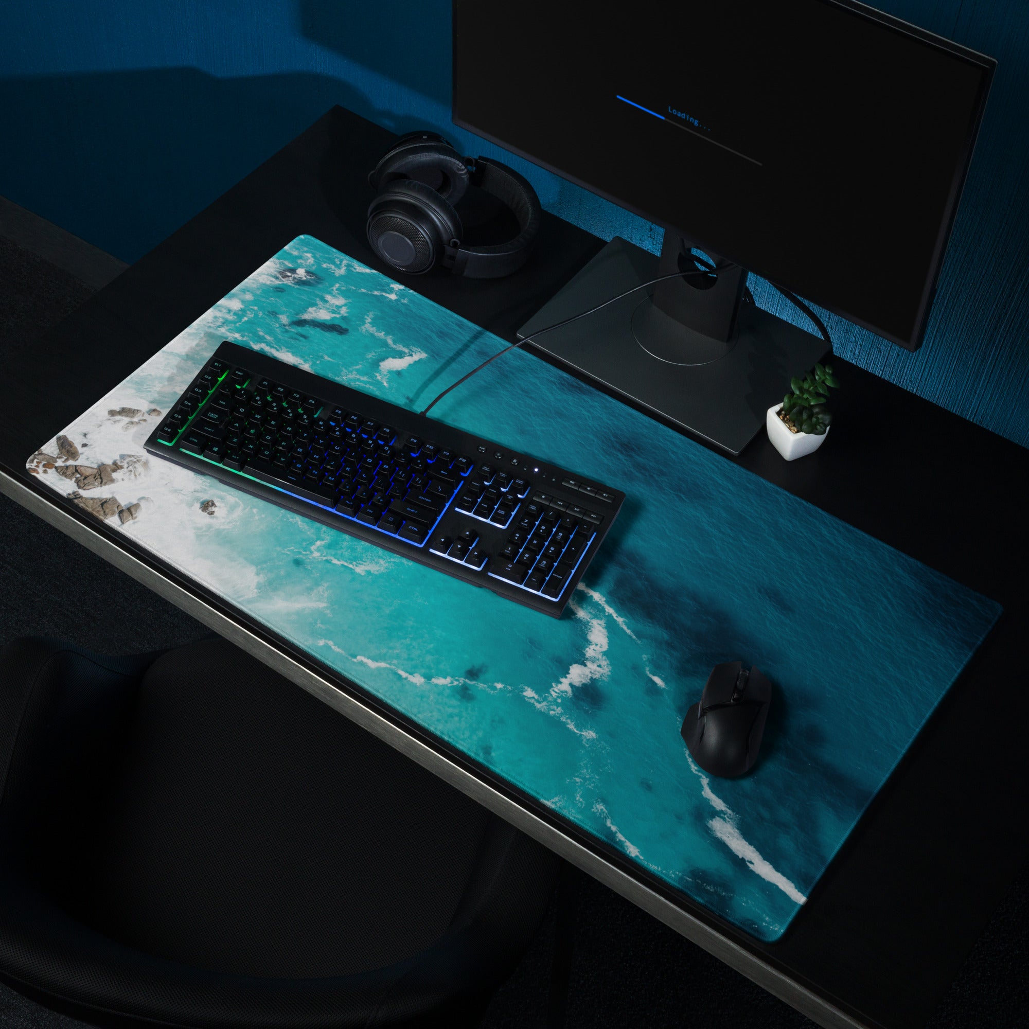 Azure Ocean Wave Desk Pad - Ocean Waves Blue Turquoise Desk Pad Modern Serene Mood Coastal Nautical Office Gaming Photo