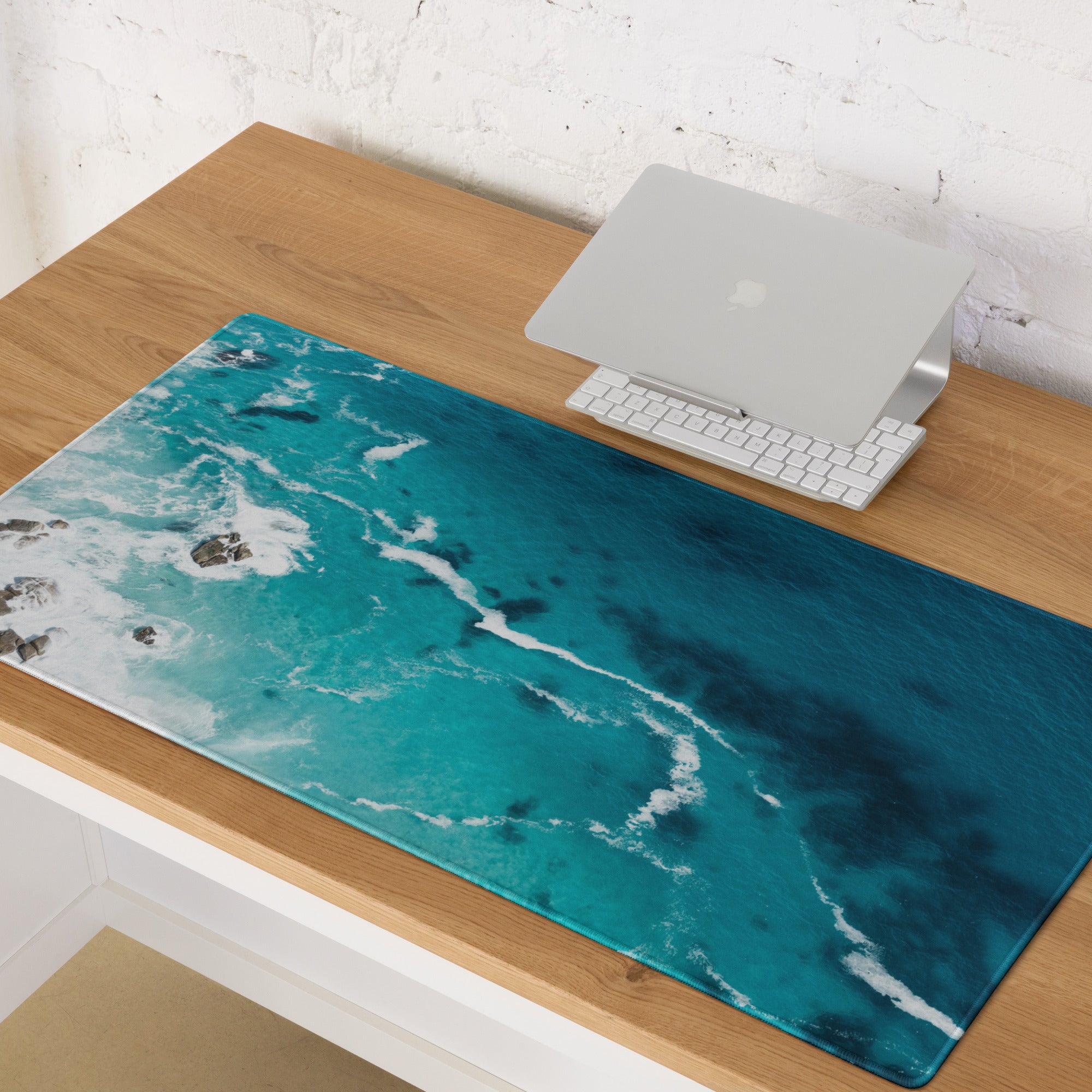 Azure Ocean Wave Desk Pad - Ocean Waves Blue Turquoise Desk Pad Modern Serene Mood Coastal Nautical Office Gaming Photo