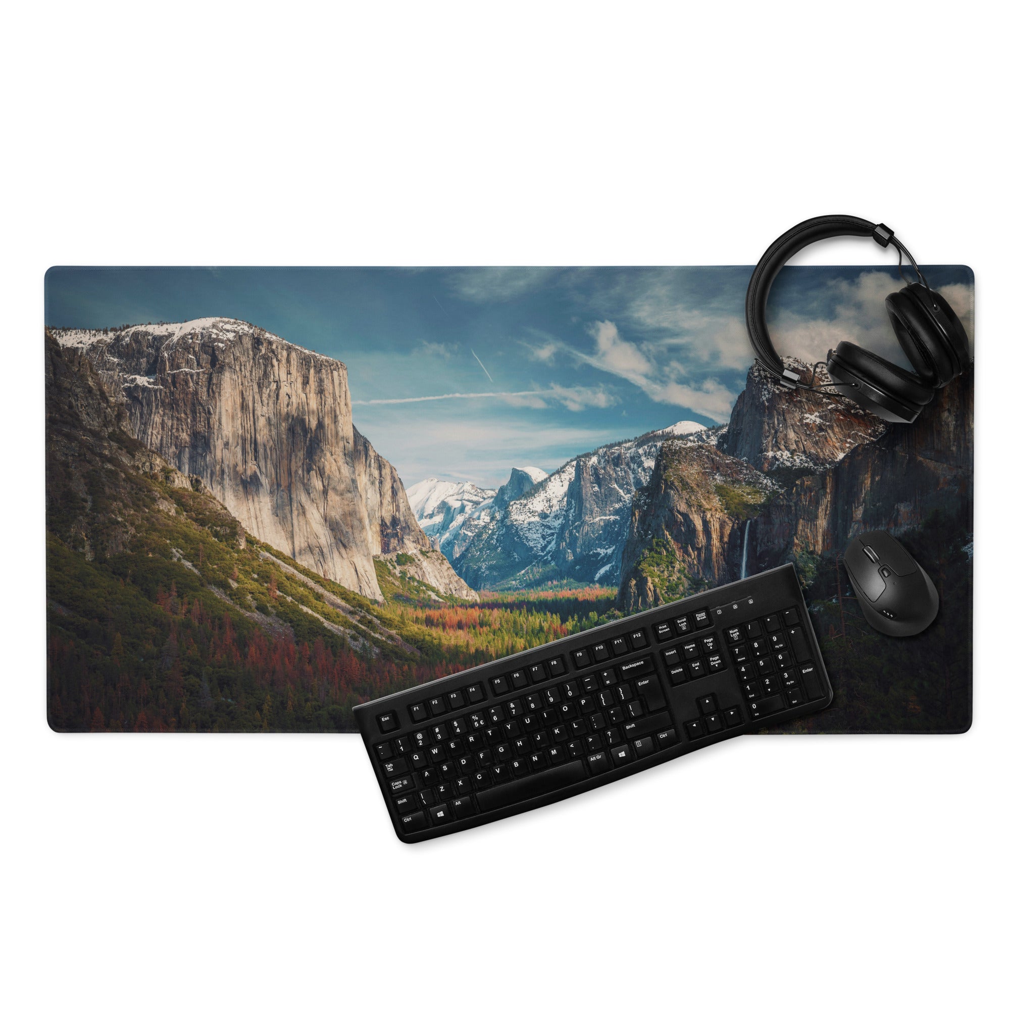 Majestic Mountain Vista Desk Pad - Mountain Landscape Blue Tones Desk Calm Mood Natural Rustic Gaming Pad Photography
