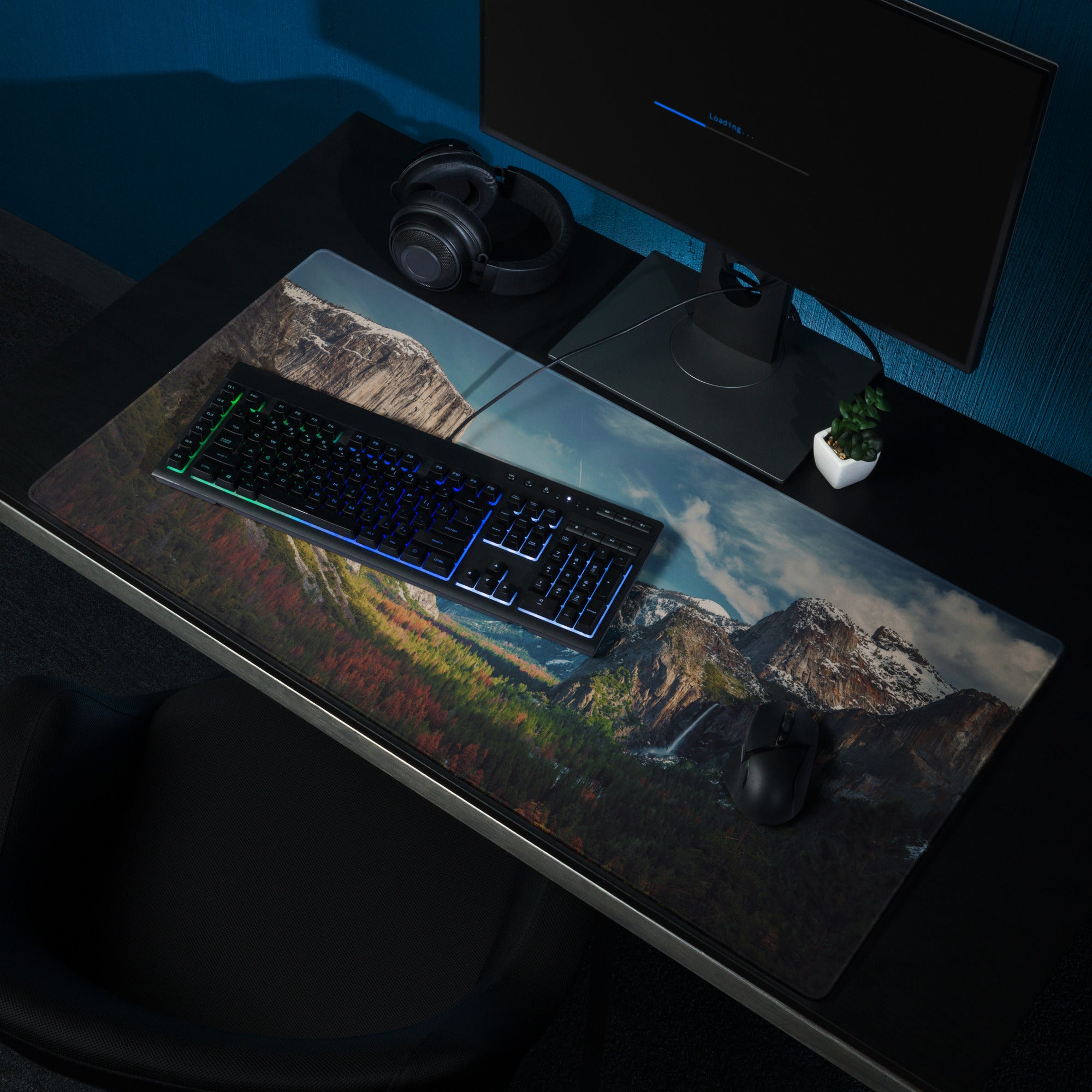 Majestic Mountain Vista Desk Pad - Mountain Landscape Blue Tones Desk Calm Mood Natural Rustic Gaming Pad Photography