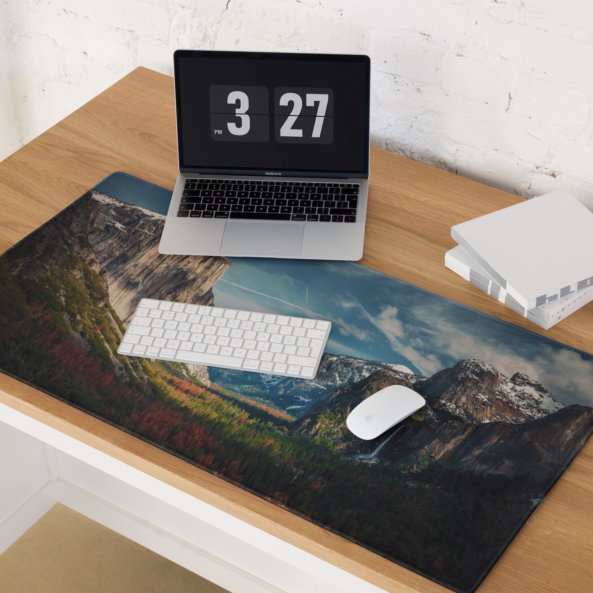 Majestic Mountain Vista Desk Pad - Mountain Landscape Blue Tones Desk Calm Mood Natural Rustic Gaming Pad Photography