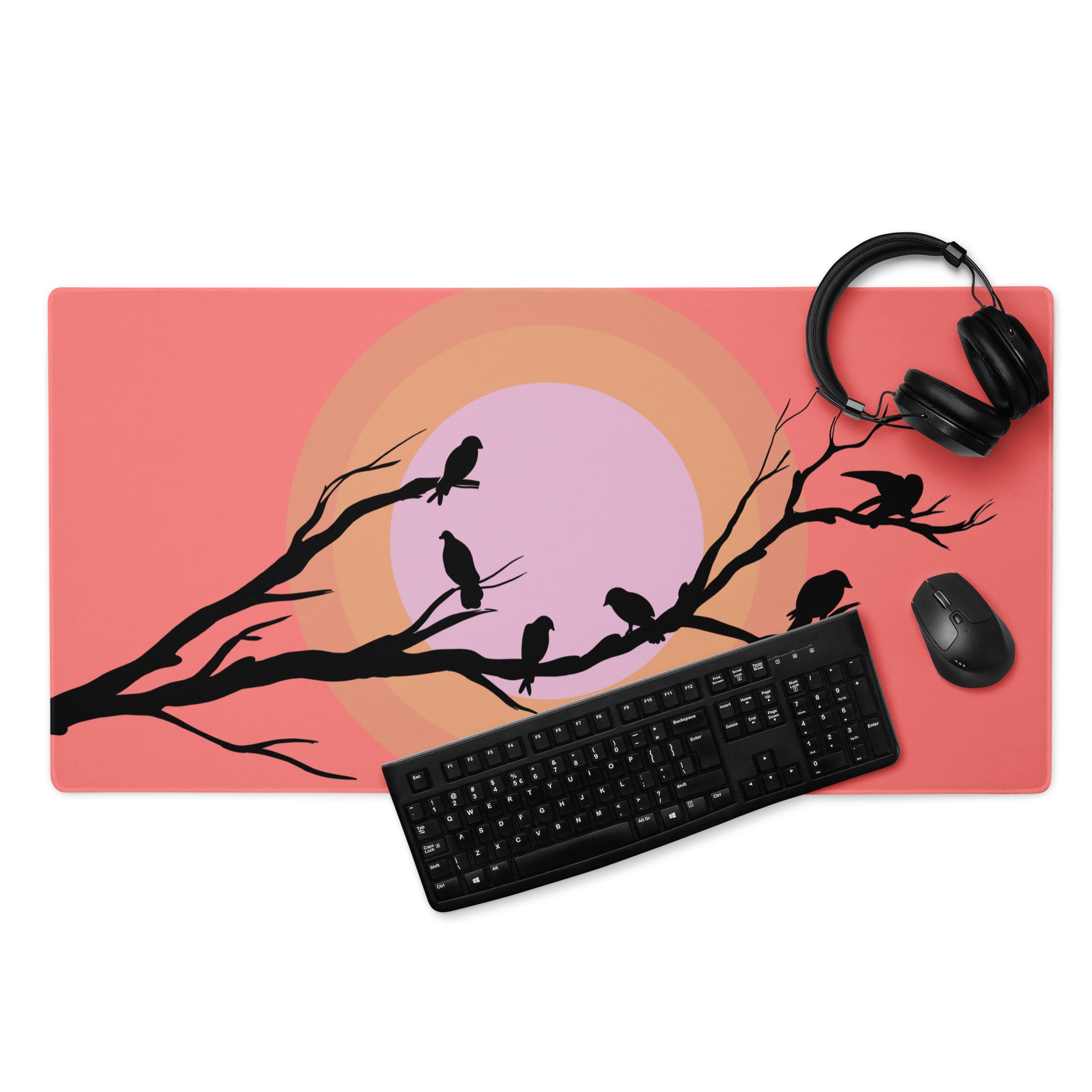 Sunset Birds Branches Mouse Pad - Mouse Pad Coral Pink Purple Desktop Silhouette Modern Desk Mat Digital Art