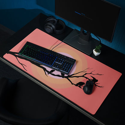 Sunset Birds Branches Mouse Pad - Mouse Pad Coral Pink Purple Desktop Silhouette Modern Desk Mat Digital Art