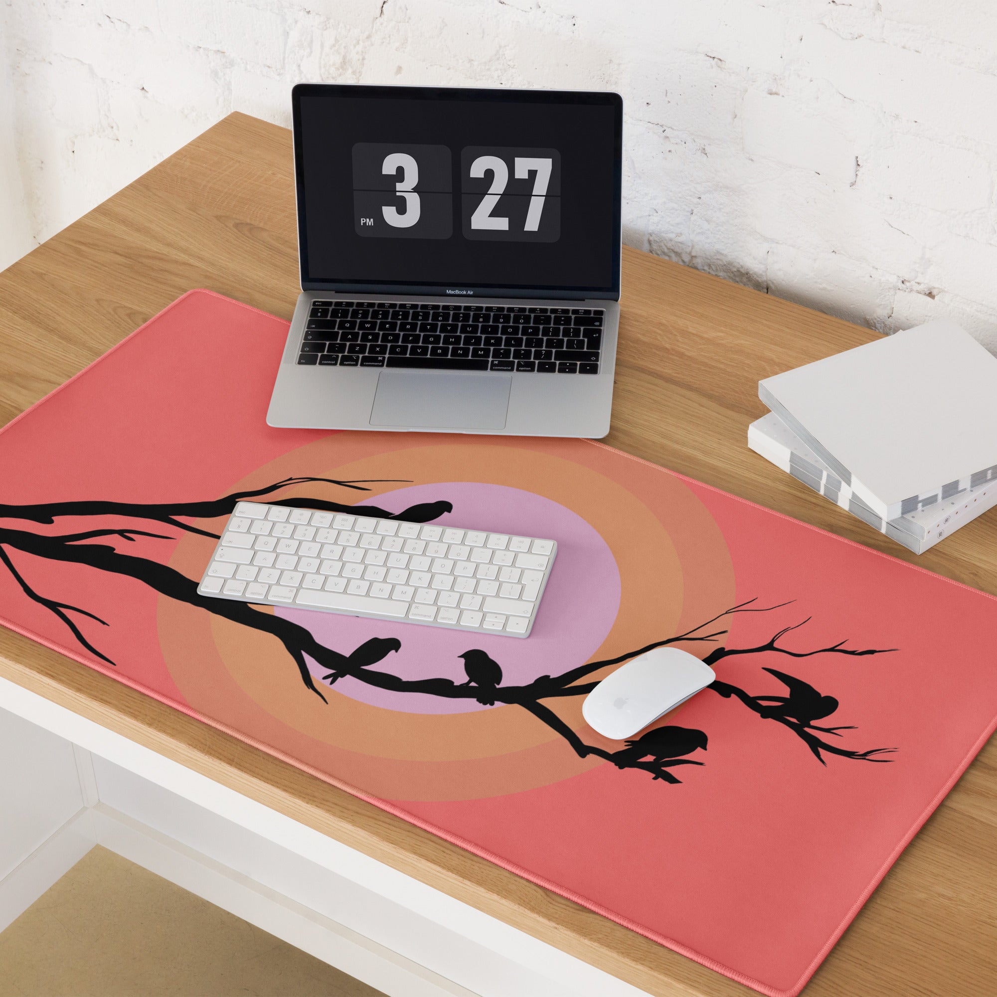 Sunset Birds Branches Mouse Pad - Mouse Pad Coral Pink Purple Desktop Silhouette Modern Desk Mat Digital Art