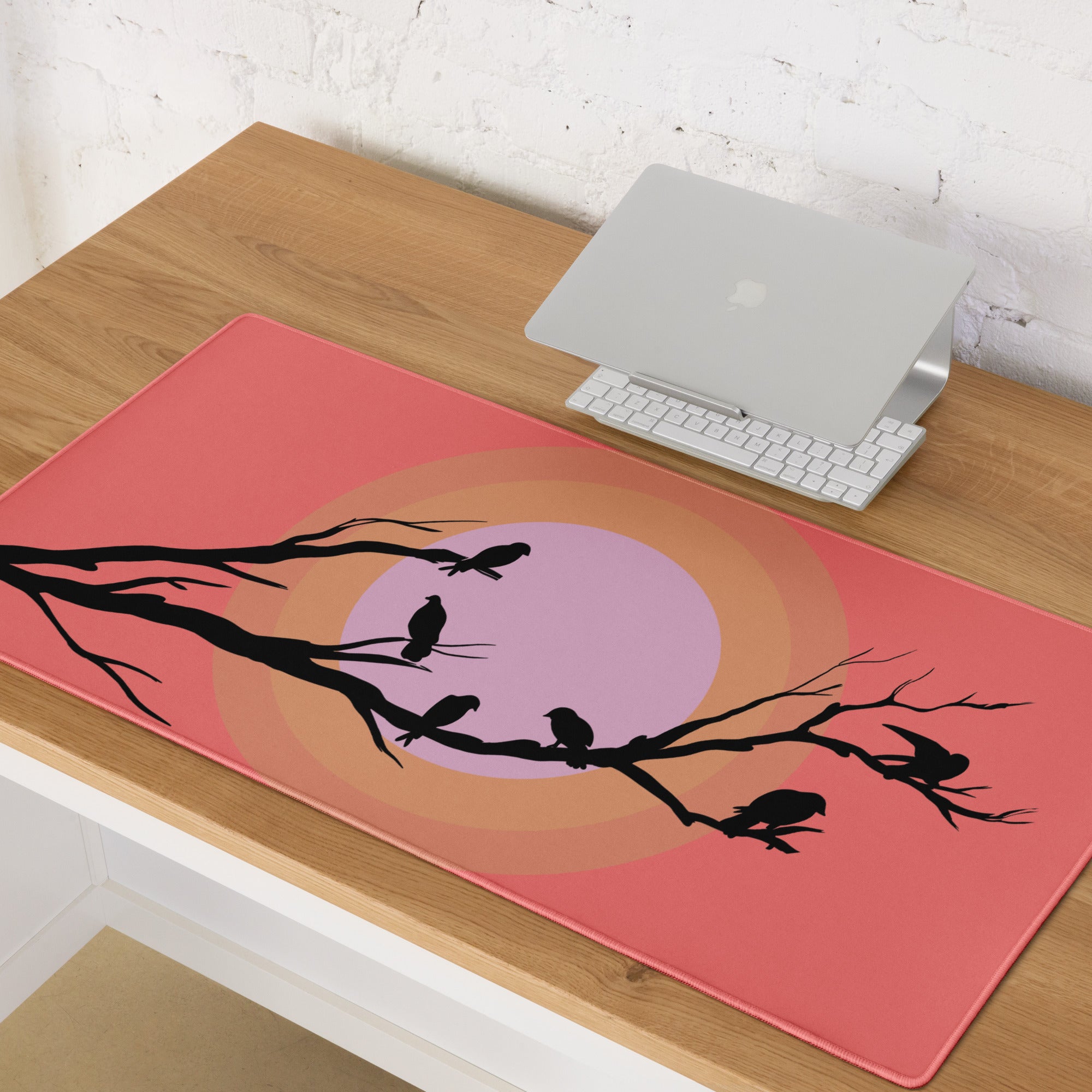 Sunset Birds Branches Mouse Pad - Mouse Pad Coral Pink Purple Desktop Silhouette Modern Desk Mat Digital Art