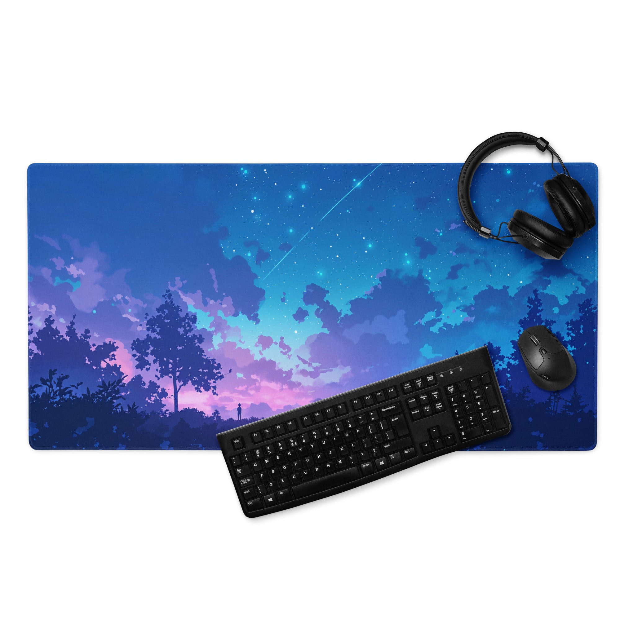 Cosmic Night Sky Desk Pad - Night Sky Blue Purple Desk Mat Modern Art Dreamy Minimal Non-Slip Edge Stitching Digital Art