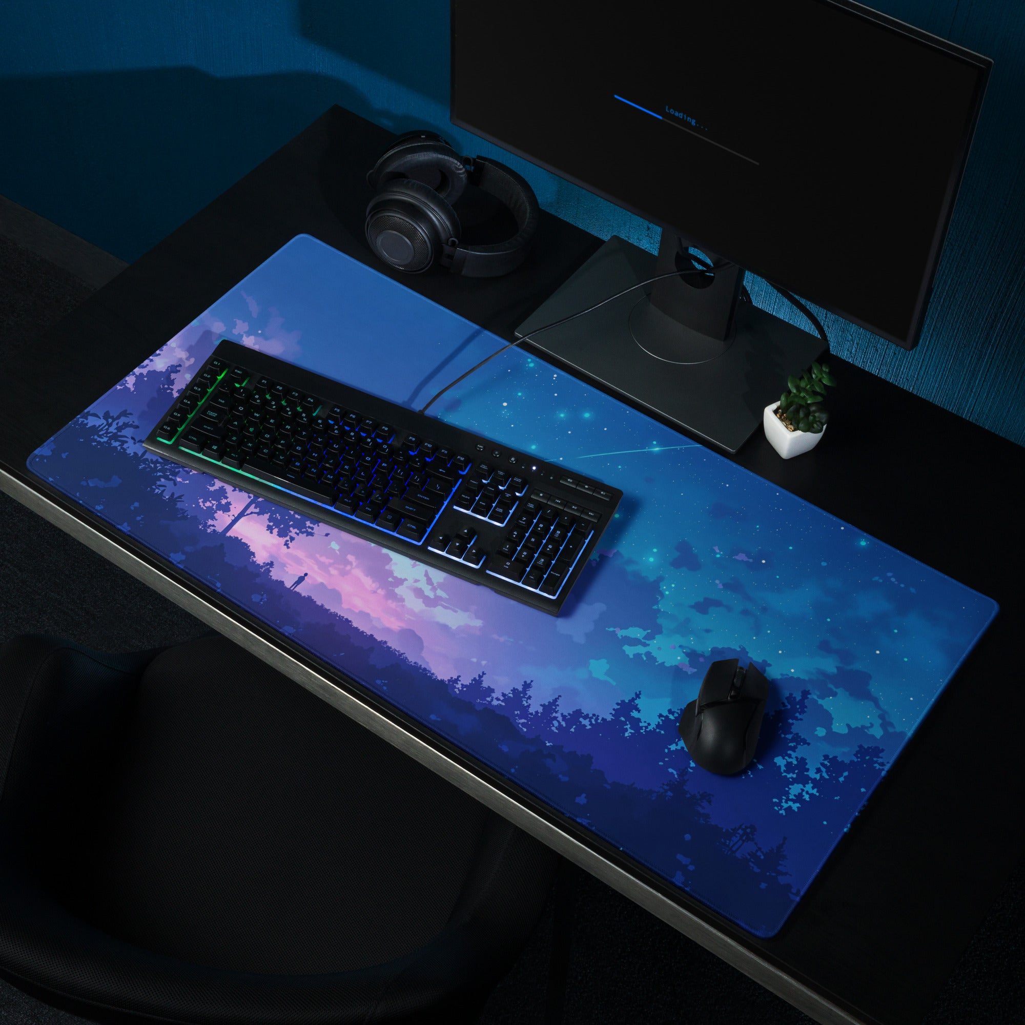 Cosmic Night Sky Desk Pad - Night Sky Blue Purple Desk Mat Modern Art Dreamy Minimal Non-Slip Edge Stitching Digital Art