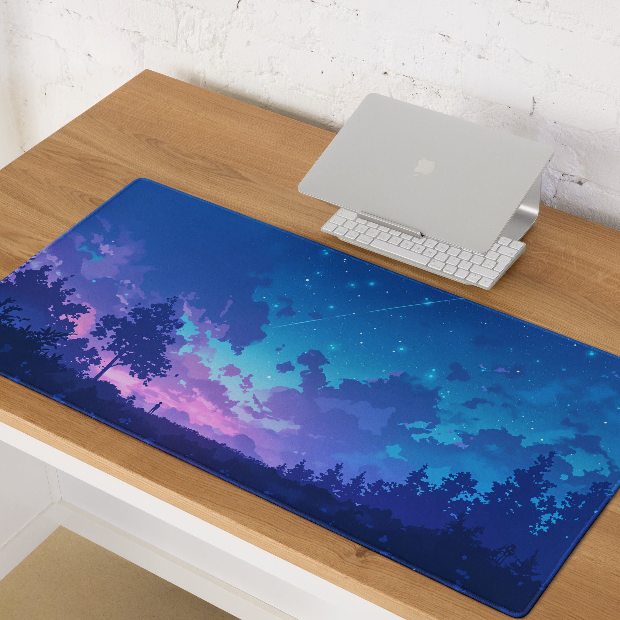 Cosmic Night Sky Desk Pad - Night Sky Blue Purple Desk Mat Modern Art Dreamy Minimal Non-Slip Edge Stitching Digital Art