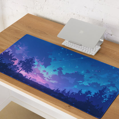 Cosmic Night Sky Desk Pad - Night Sky Blue Purple Desk Mat Modern Art Dreamy Minimal Non-Slip Edge Stitching Digital Art