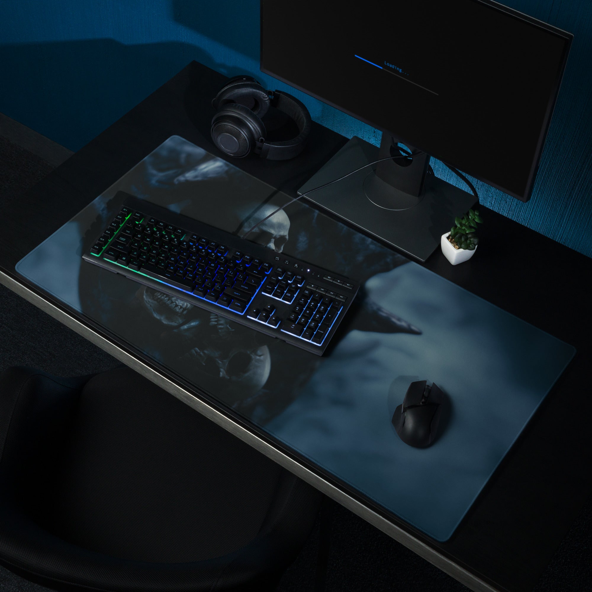 Nocturnal Skull Gaming Mouse Pad - Gaming Mouse Pad Dark Blue Black Gaming Desk Gothic Moody Cinematic Skull Digital Art