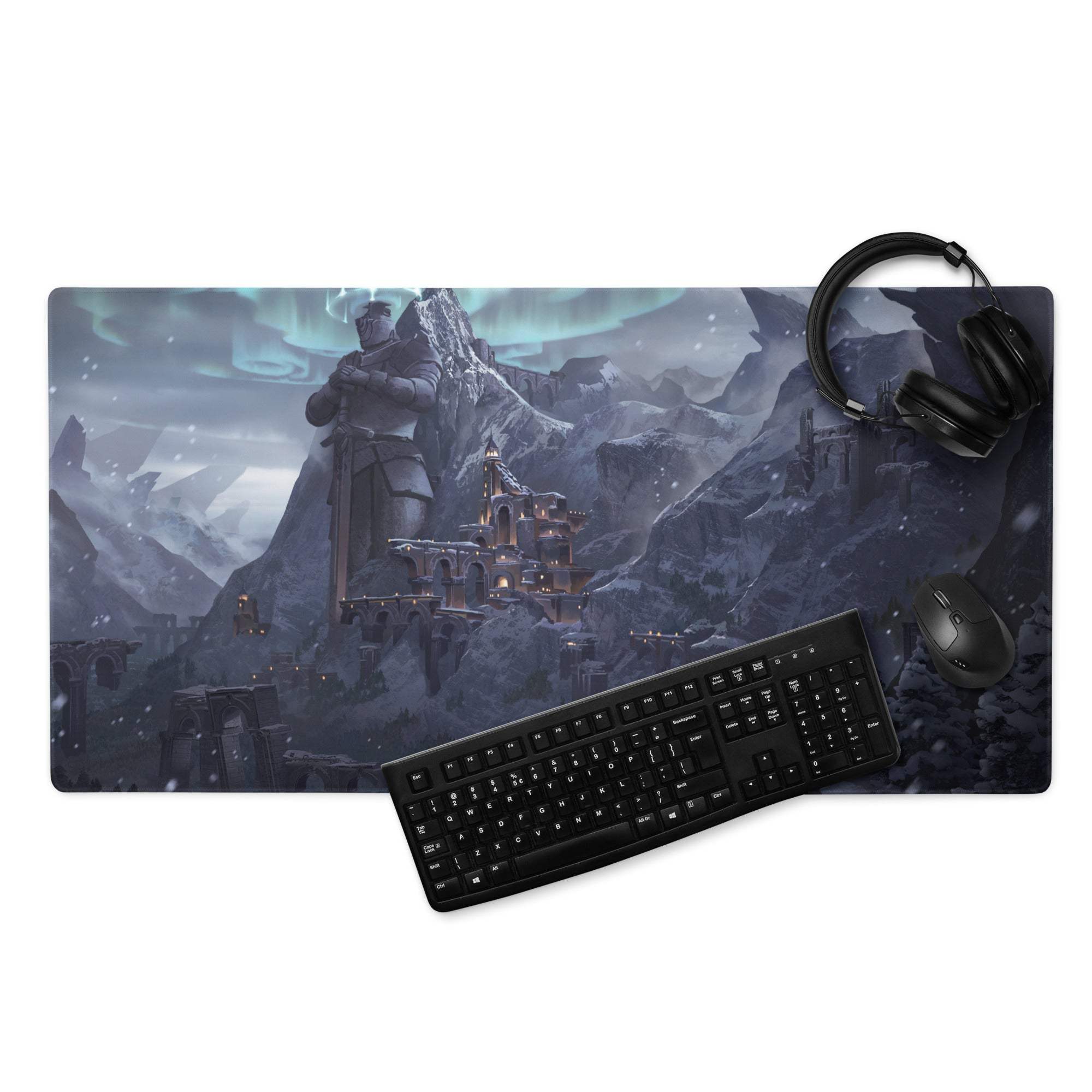 A dark blue aurora fortress fantasy gaming mouse pad featuring snow-capped mountains, castle, and towering figure design