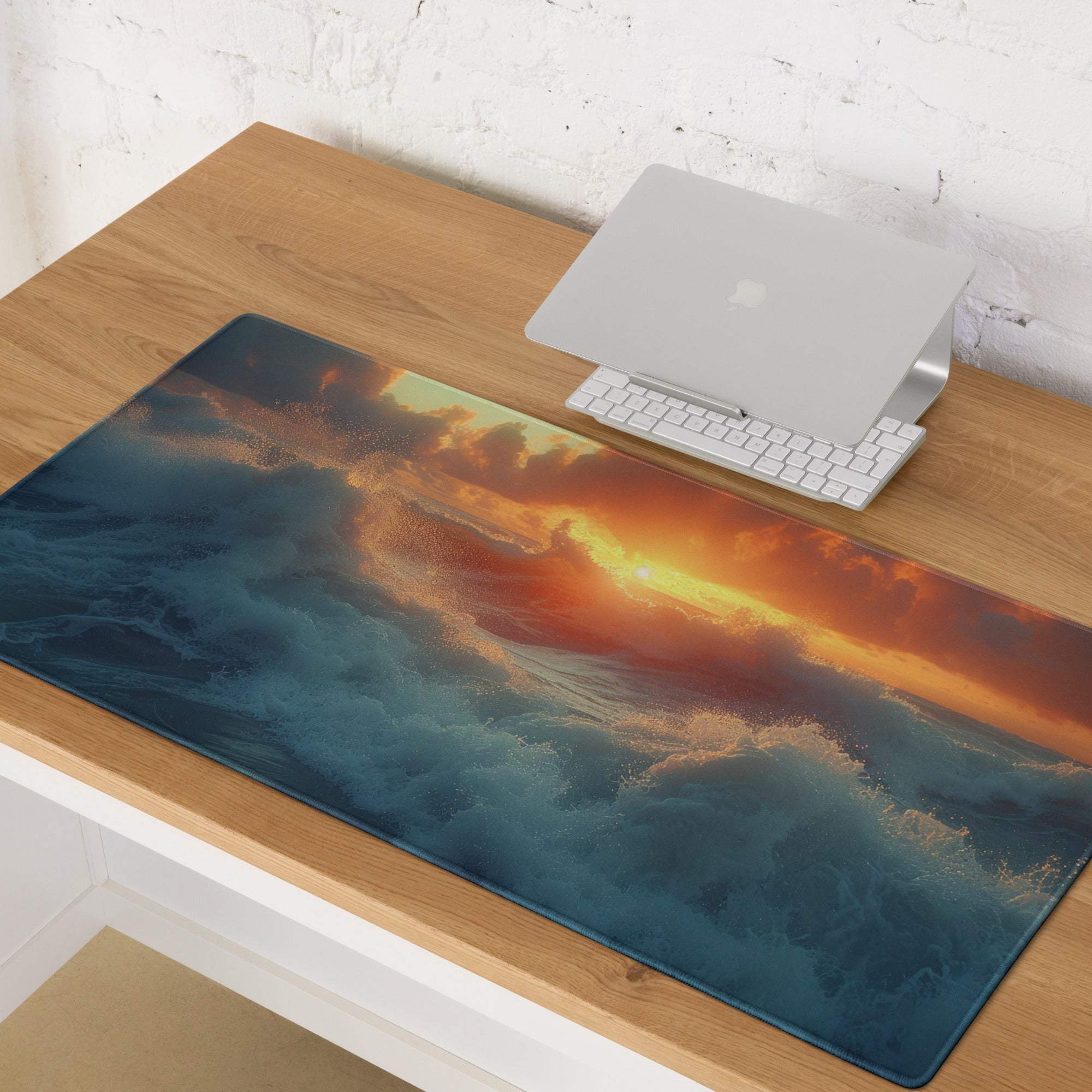 Sunset ocean pro gaming mouse pad with vivid blue and orange ocean wave design for esports and modern desk decor