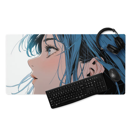 Blue Haired Anime Desk Pad - Anime Gaming Mouse Pad Blue White Desk Style Cool Mood Modern Desk Mats For Gamers Digital