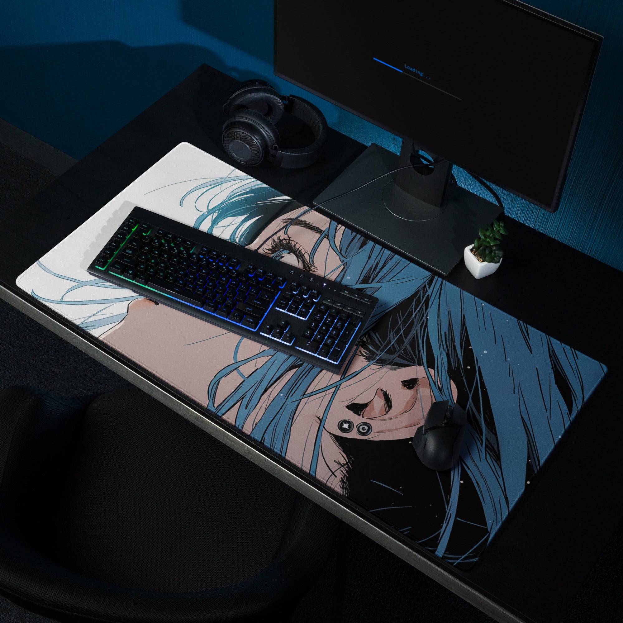 Blue Haired Anime Desk Pad - Anime Gaming Mouse Pad Blue White Desk Style Cool Mood Modern Desk Mats For Gamers Digital