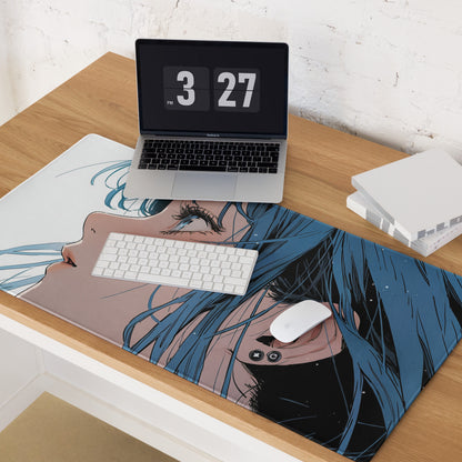 Blue Haired Anime Desk Pad - Anime Gaming Mouse Pad Blue White Desk Style Cool Mood Modern Desk Mats For Gamers Digital