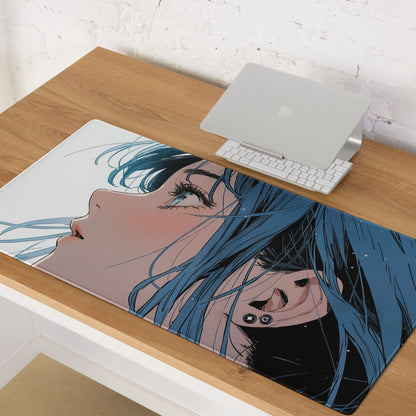 Blue Haired Anime Desk Pad - Anime Gaming Mouse Pad Blue White Desk Style Cool Mood Modern Desk Mats For Gamers Digital