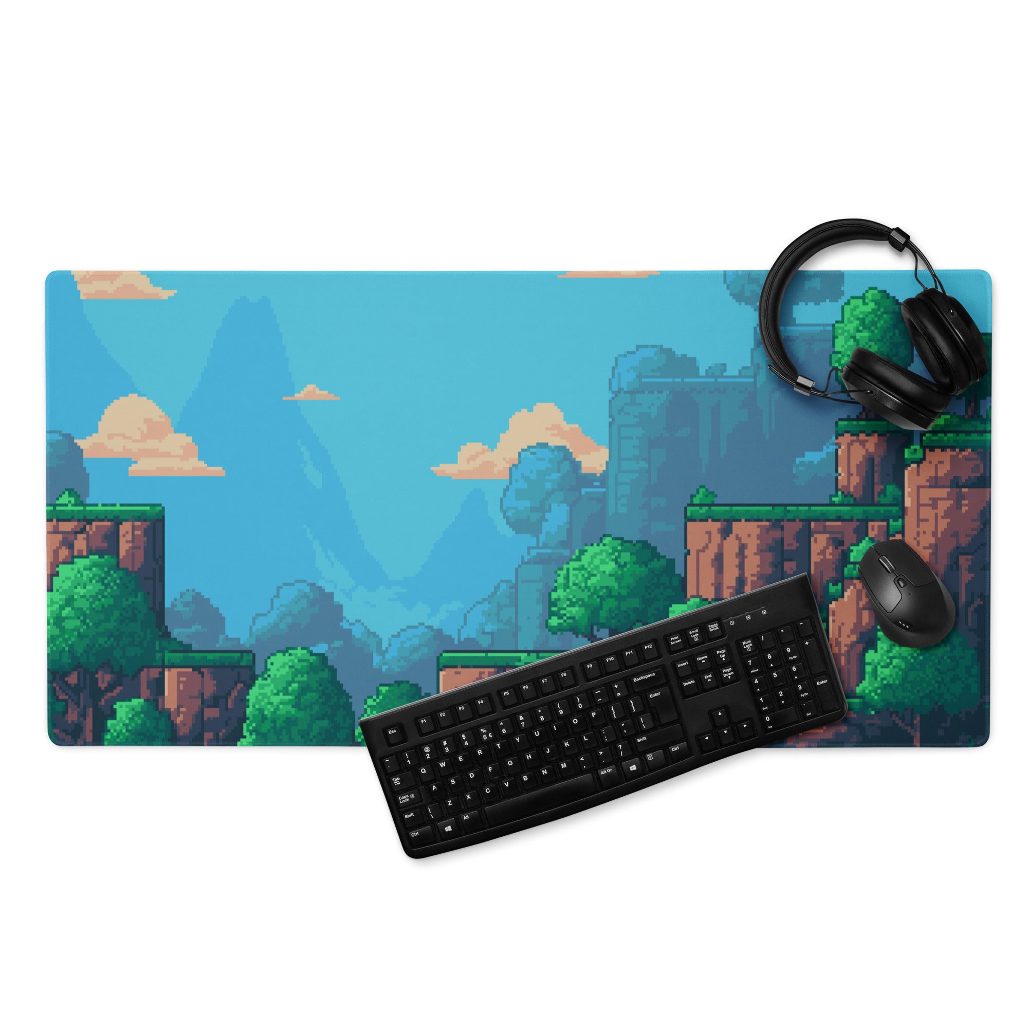 Pixel Forest Adventure Mouse Pad - Landscape Blue Green Desk Pixel Art Playful Mood Retro Gaming Decor Pixel Art Mousepad