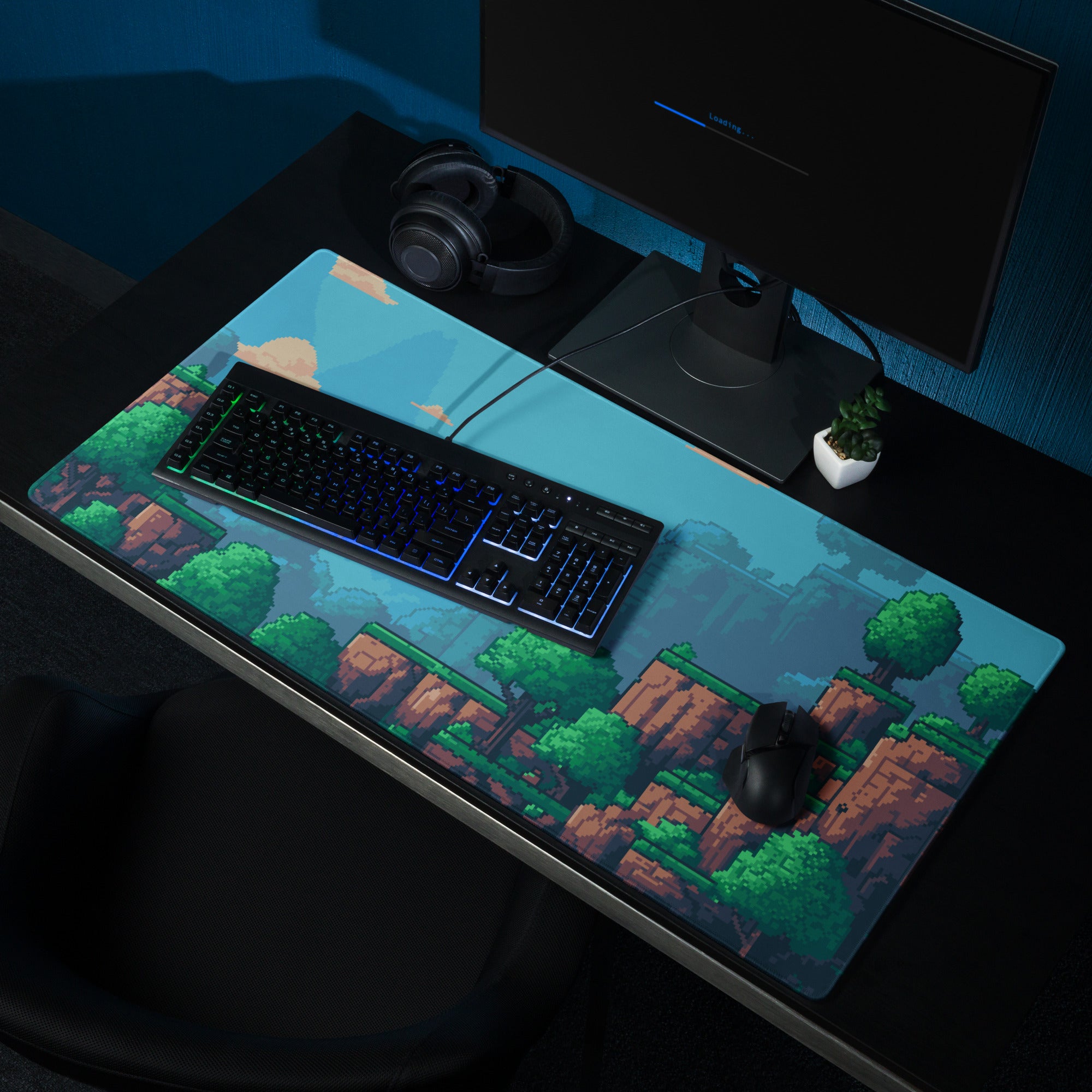 Pixel Forest Adventure Mouse Pad - Landscape Blue Green Desk Pixel Art Playful Mood Retro Gaming Decor Pixel Art Mousepad