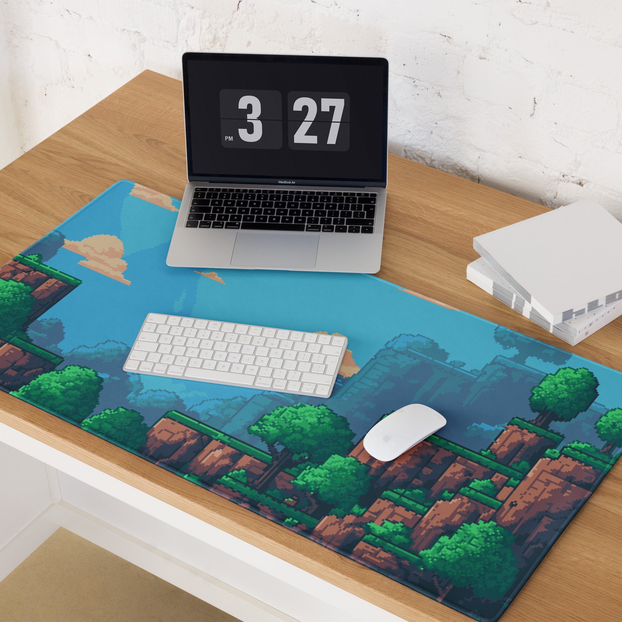 Pixel Forest Adventure Mouse Pad - Landscape Blue Green Desk Pixel Art Playful Mood Retro Gaming Decor Pixel Art Mousepad
