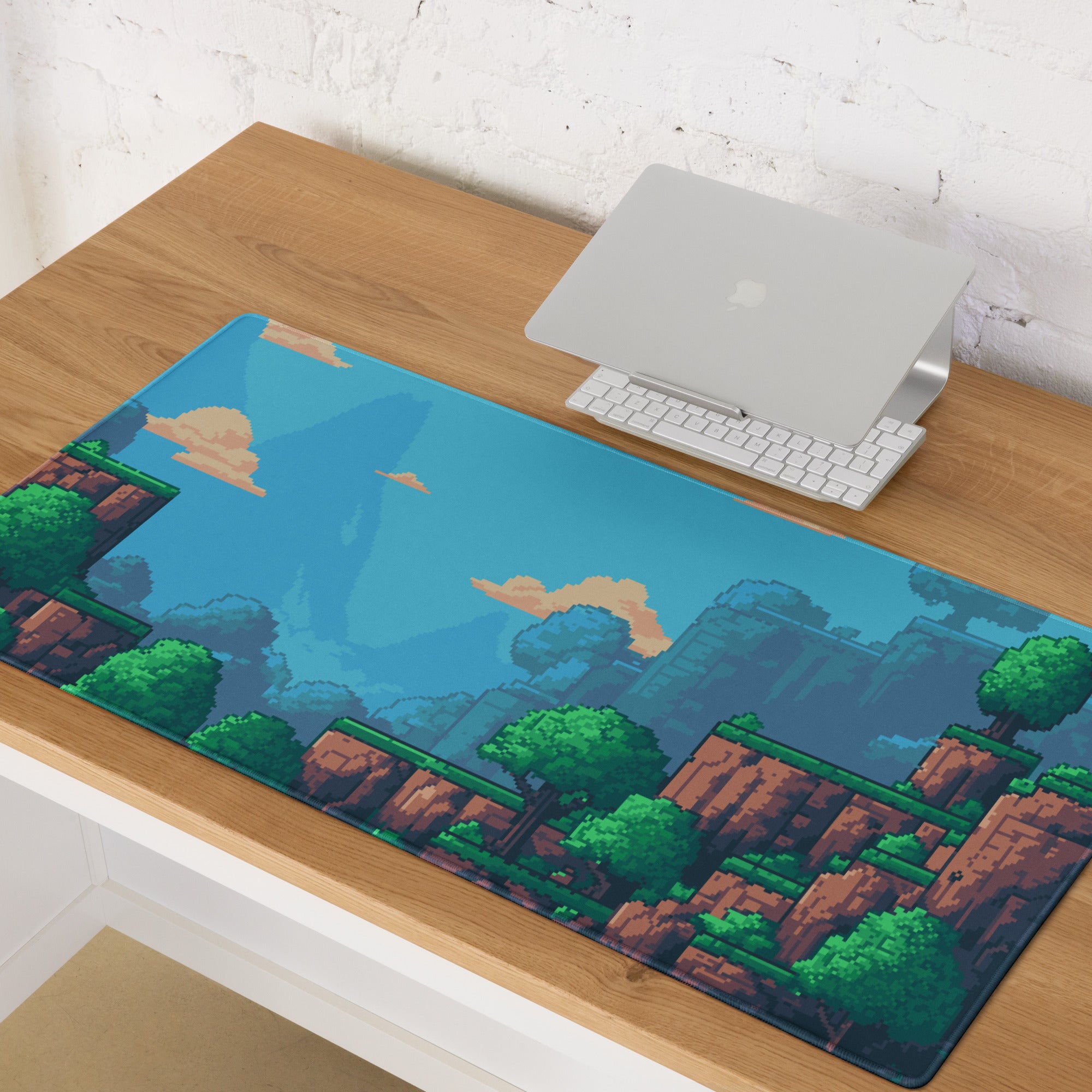 Pixel Forest Adventure Mouse Pad - Landscape Blue Green Desk Pixel Art Playful Mood Retro Gaming Decor Pixel Art Mousepad