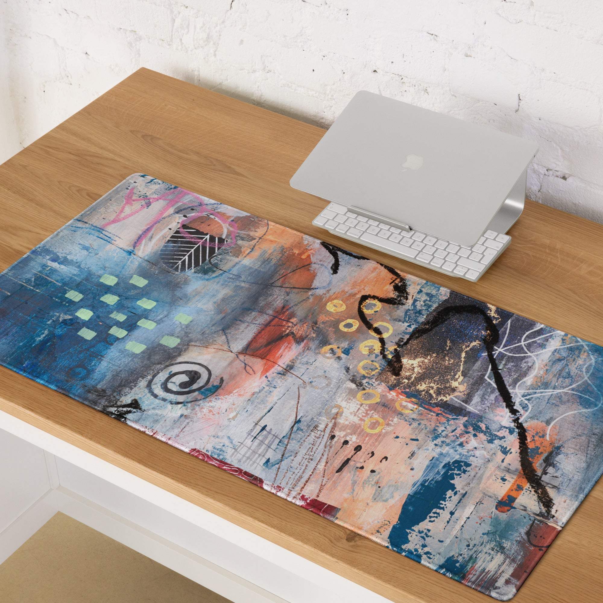 Abstract graffiti art mouse pad with blue orange and black geometric shapes and brushstroke patterns for gaming setup