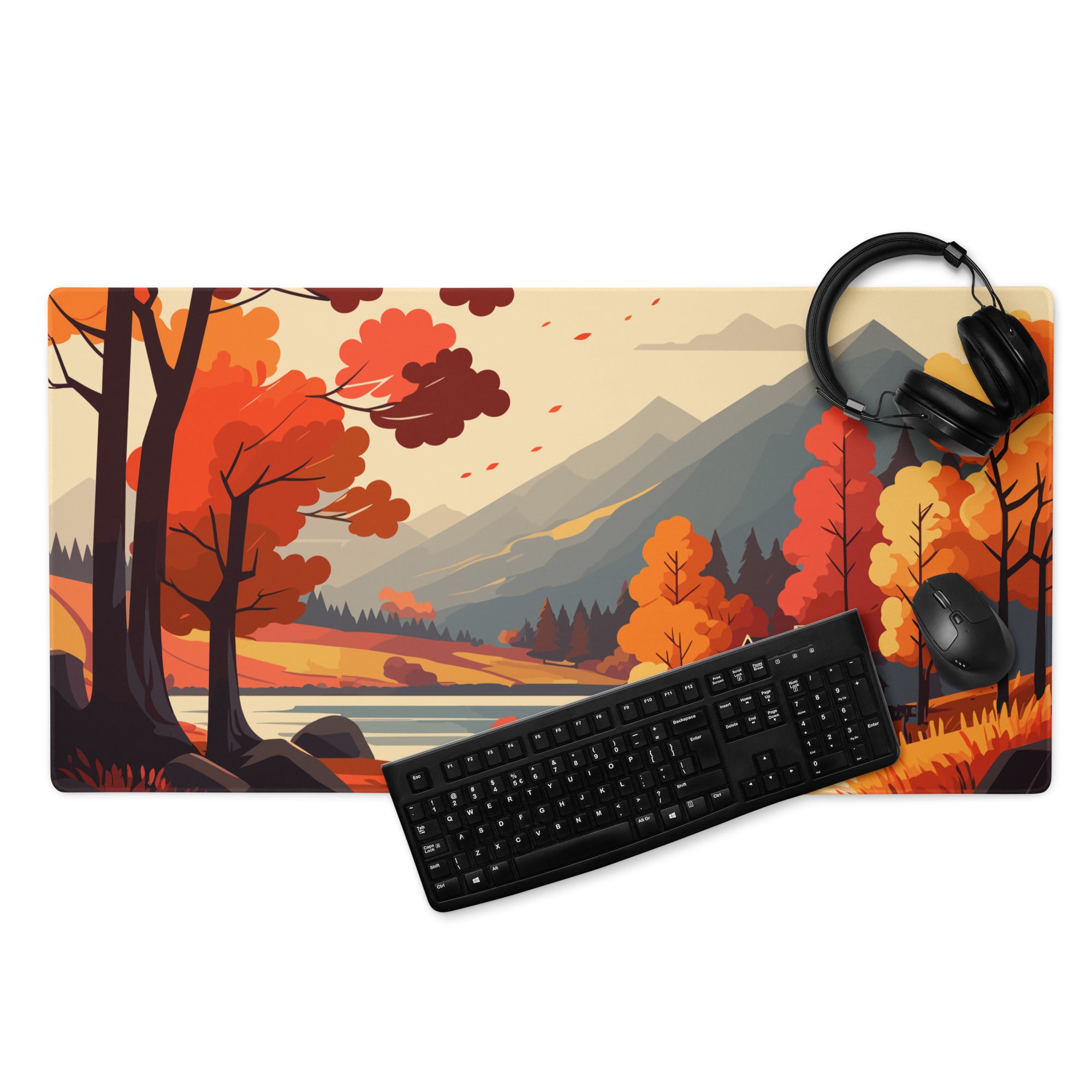 Autumn Forest Mountain Landscape Mouse Pad - Mountain Landscape Orange Red Gaming Desk Cozy Mood Modern Desk Mat Vector