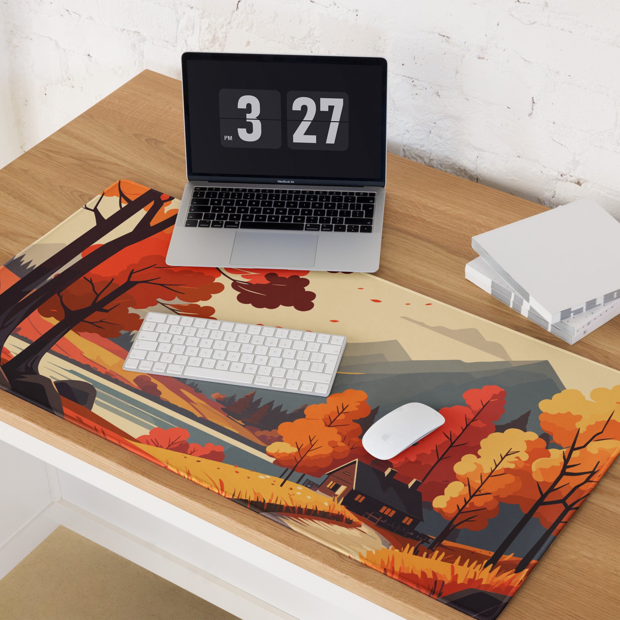 Autumn Forest Mountain Landscape Mouse Pad - Mountain Landscape Orange Red Gaming Desk Cozy Mood Modern Desk Mat Vector