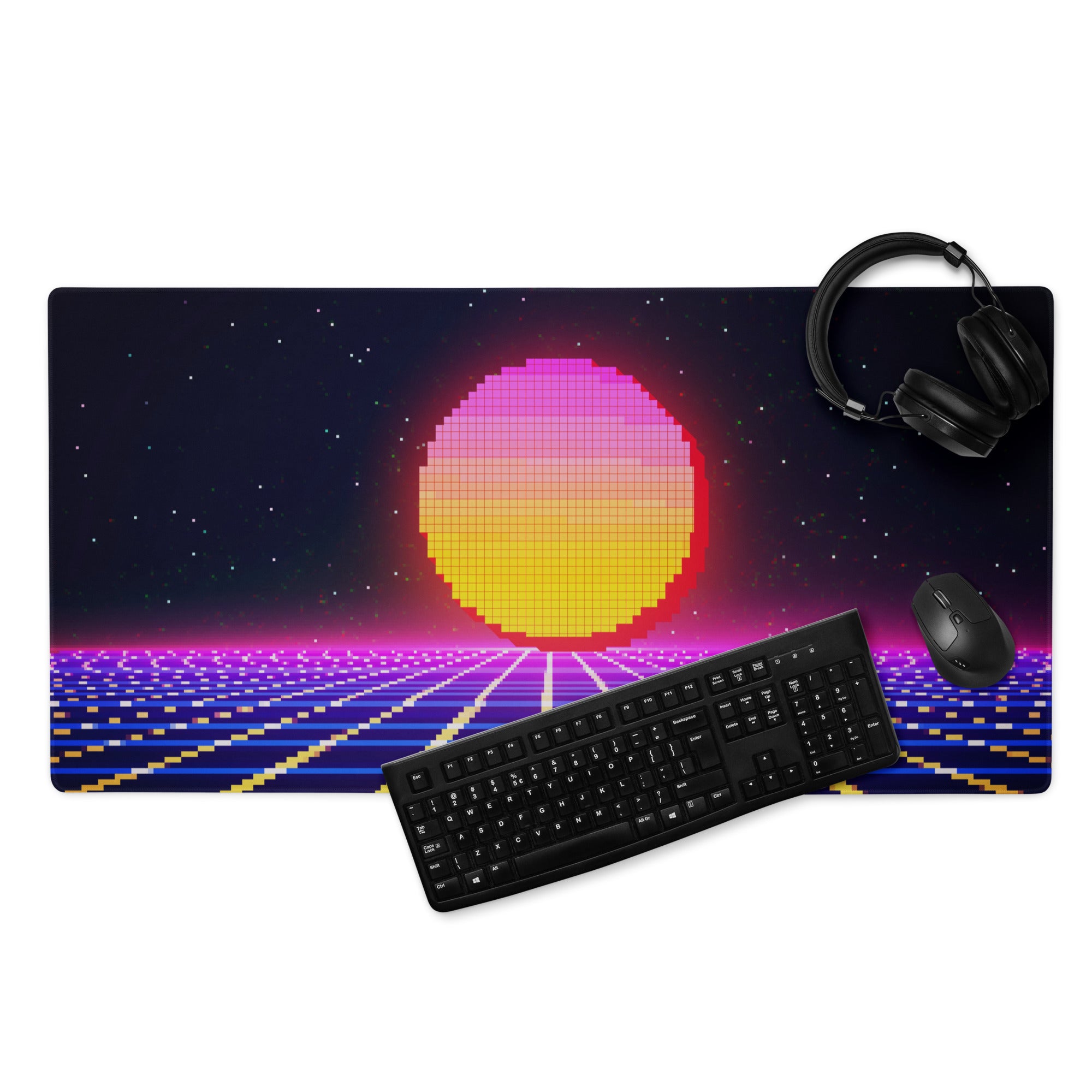 Neon Pixel Sunset Gaming Mat - Gaming Mouse Pad Pink Purple Blue Cyberpunk: Vaporwave Mood Retro Futurism Pixel Art
