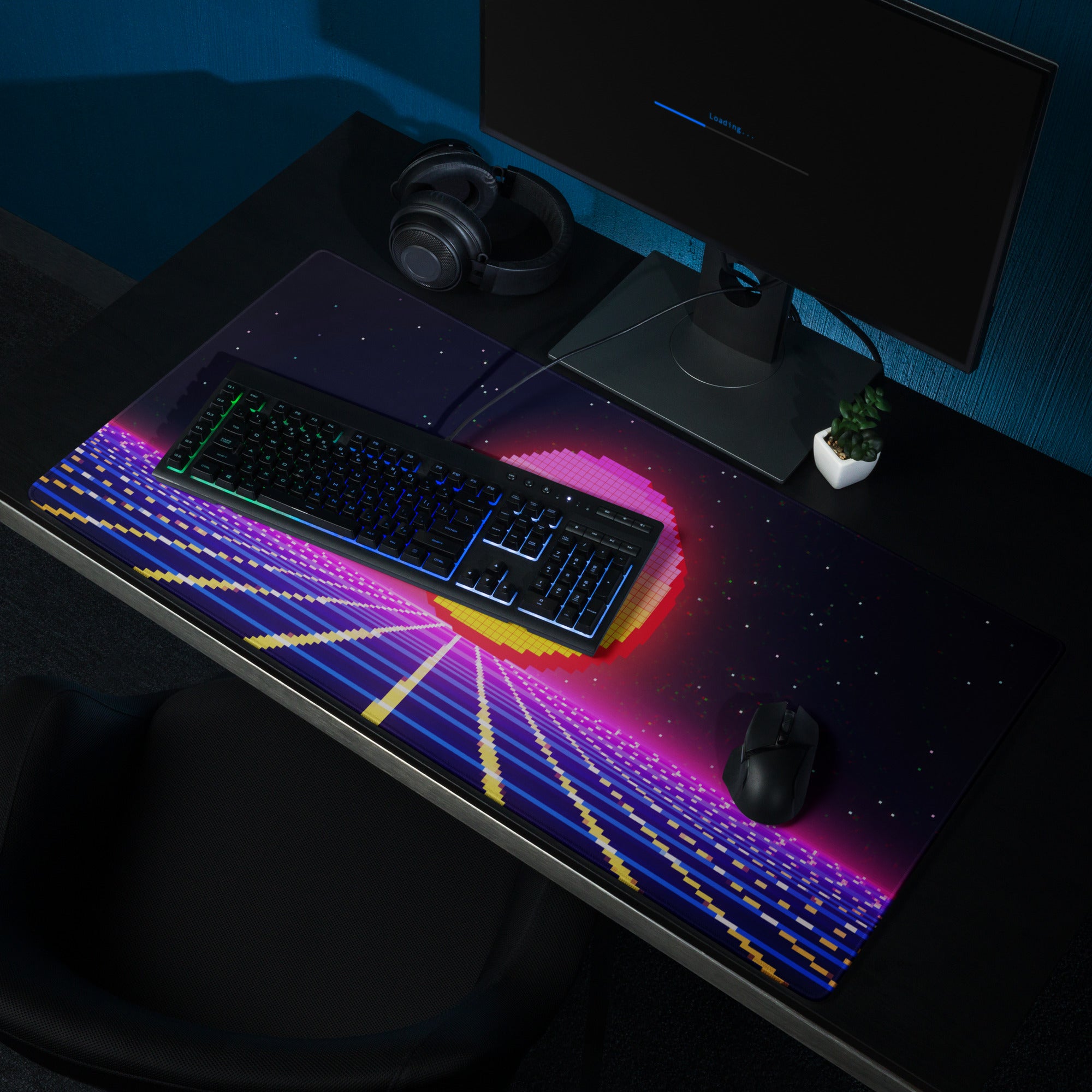 Neon Pixel Sunset Gaming Mat - Gaming Mouse Pad Pink Purple Blue Cyberpunk: Vaporwave Mood Retro Futurism Pixel Art