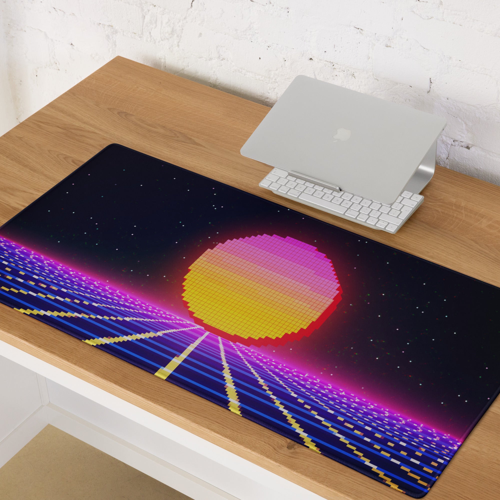 Neon Pixel Sunset Gaming Mat - Gaming Mouse Pad Pink Purple Blue Cyberpunk: Vaporwave Mood Retro Futurism Pixel Art