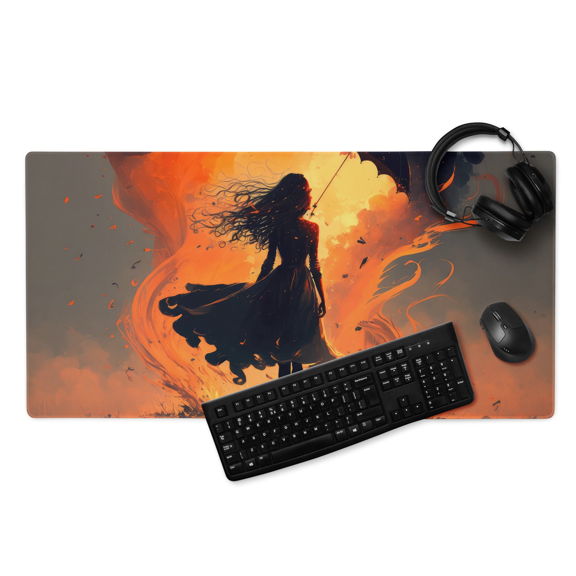 Inferno Warrior Large Gaming Mouse Pad - Silhouette Orange Flames Desk Setup Digital Art Intense Mood Esports Decor
