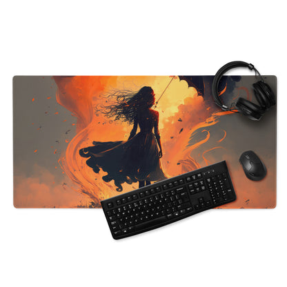 Inferno Warrior Large Gaming Mouse Pad - Silhouette Orange Flames Desk Setup Digital Art Intense Mood Esports Decor