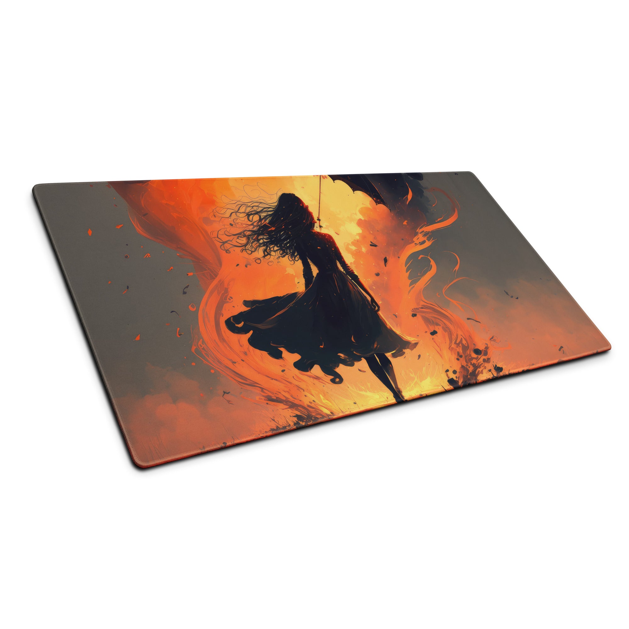 Inferno Warrior Large Gaming Mouse Pad - Silhouette Orange Flames Desk Setup Digital Art Intense Mood Esports Decor