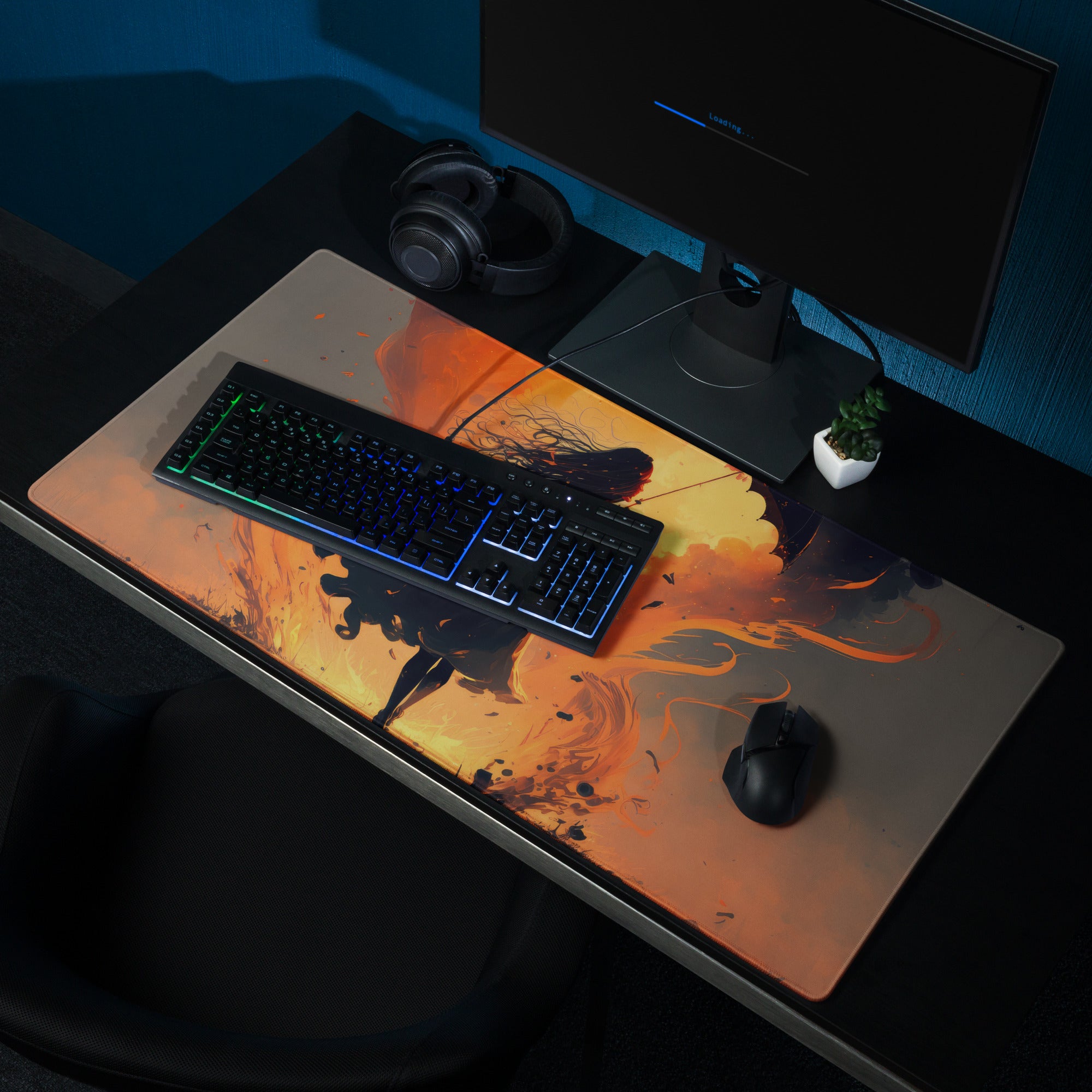 Inferno Warrior Large Gaming Mouse Pad - Silhouette Orange Flames Desk Setup Digital Art Intense Mood Esports Decor