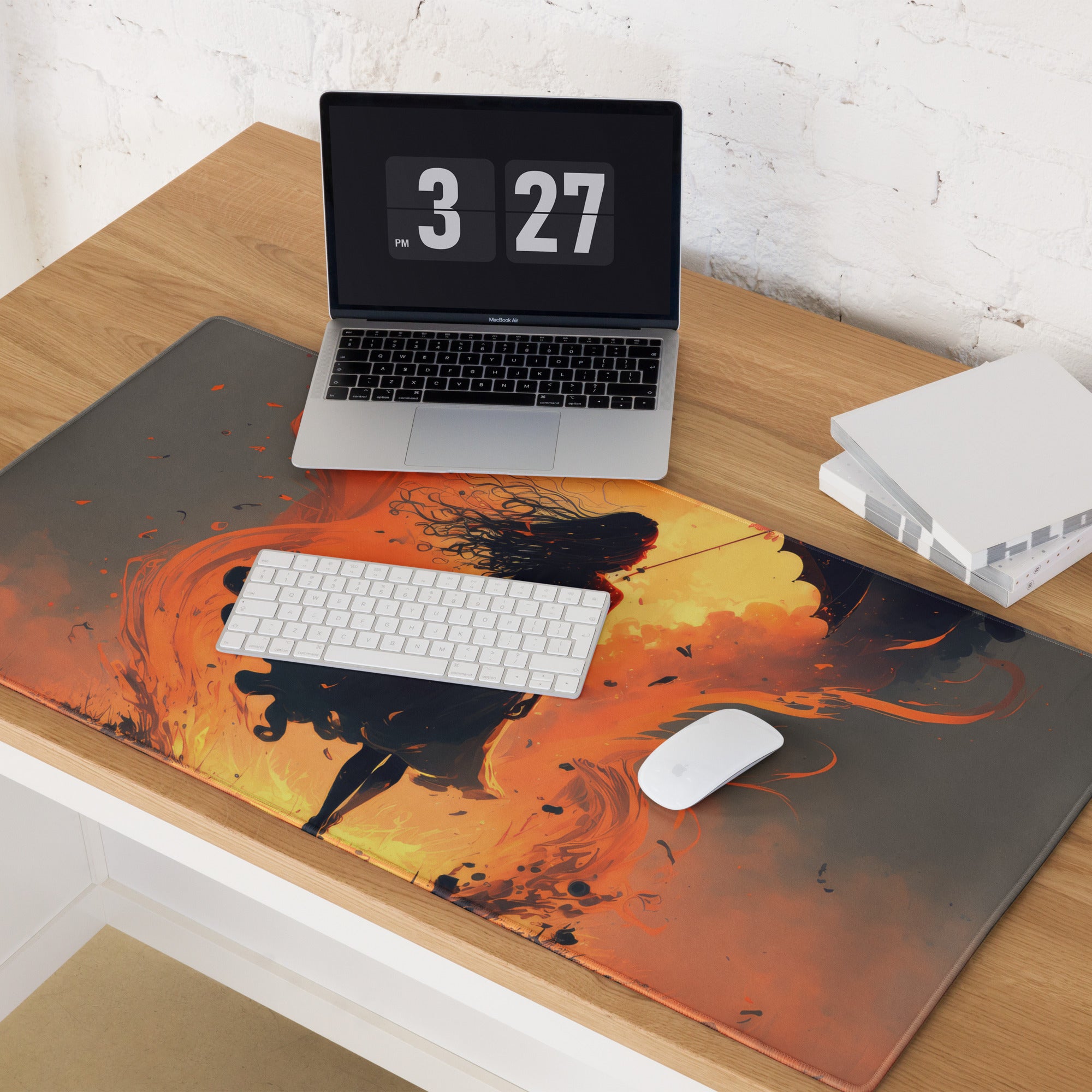 Inferno Warrior Large Gaming Mouse Pad - Silhouette Orange Flames Desk Setup Digital Art Intense Mood Esports Decor