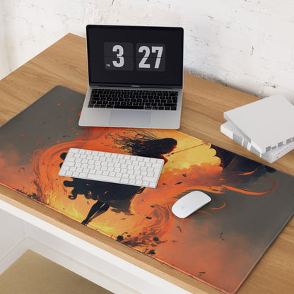 Inferno Warrior Large Gaming Mouse Pad - Silhouette Orange Flames Desk Setup Digital Art Intense Mood Esports Decor