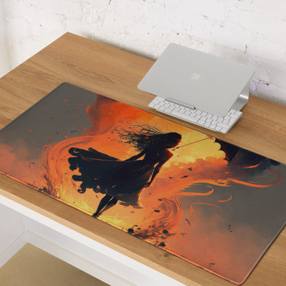Inferno Warrior Large Gaming Mouse Pad - Silhouette Orange Flames Desk Setup Digital Art Intense Mood Esports Decor