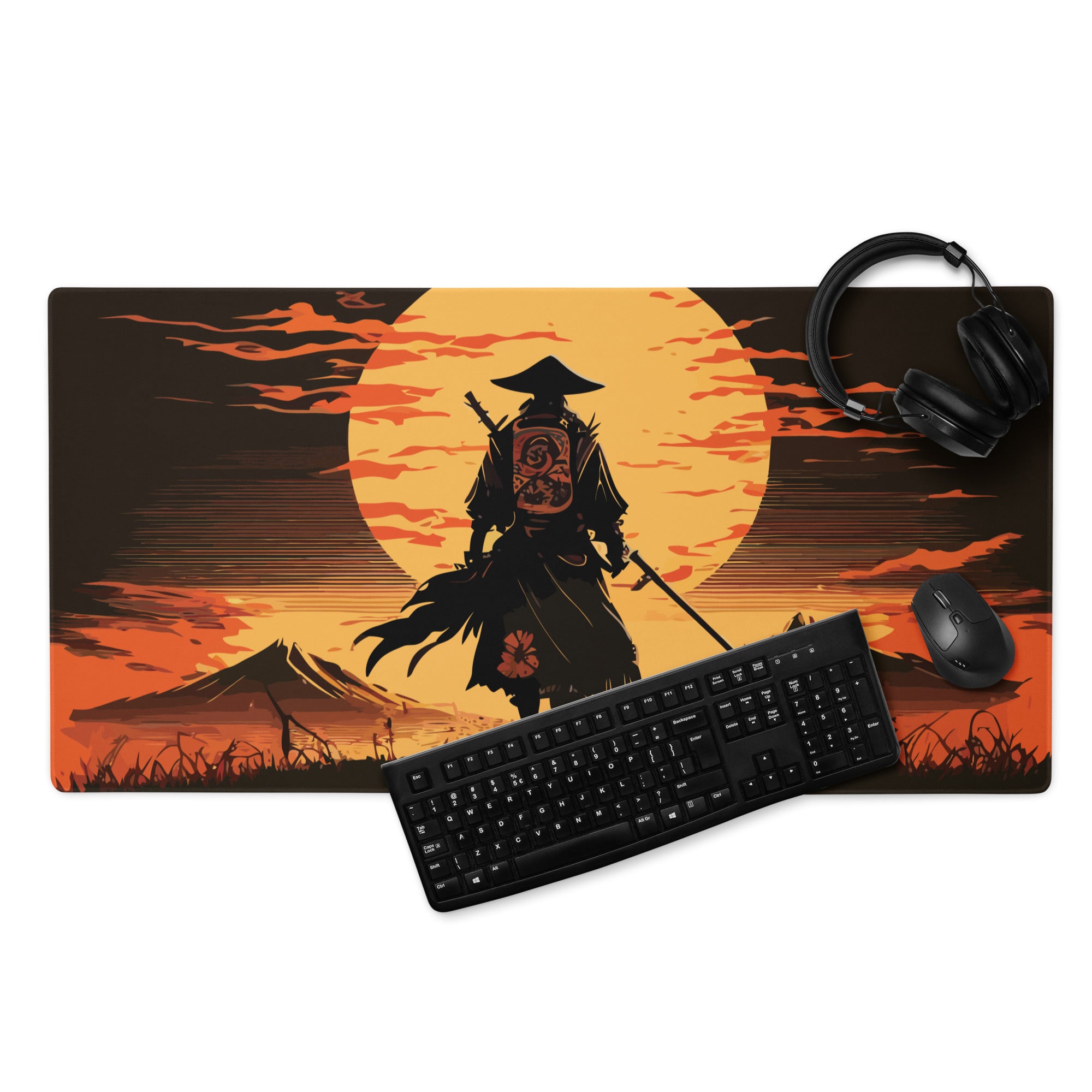 Sunset Samurai Gaming Mouse Pad - Samurai Orange Black Desk Mat Dramatic Mood Minimalist Anime Inspired