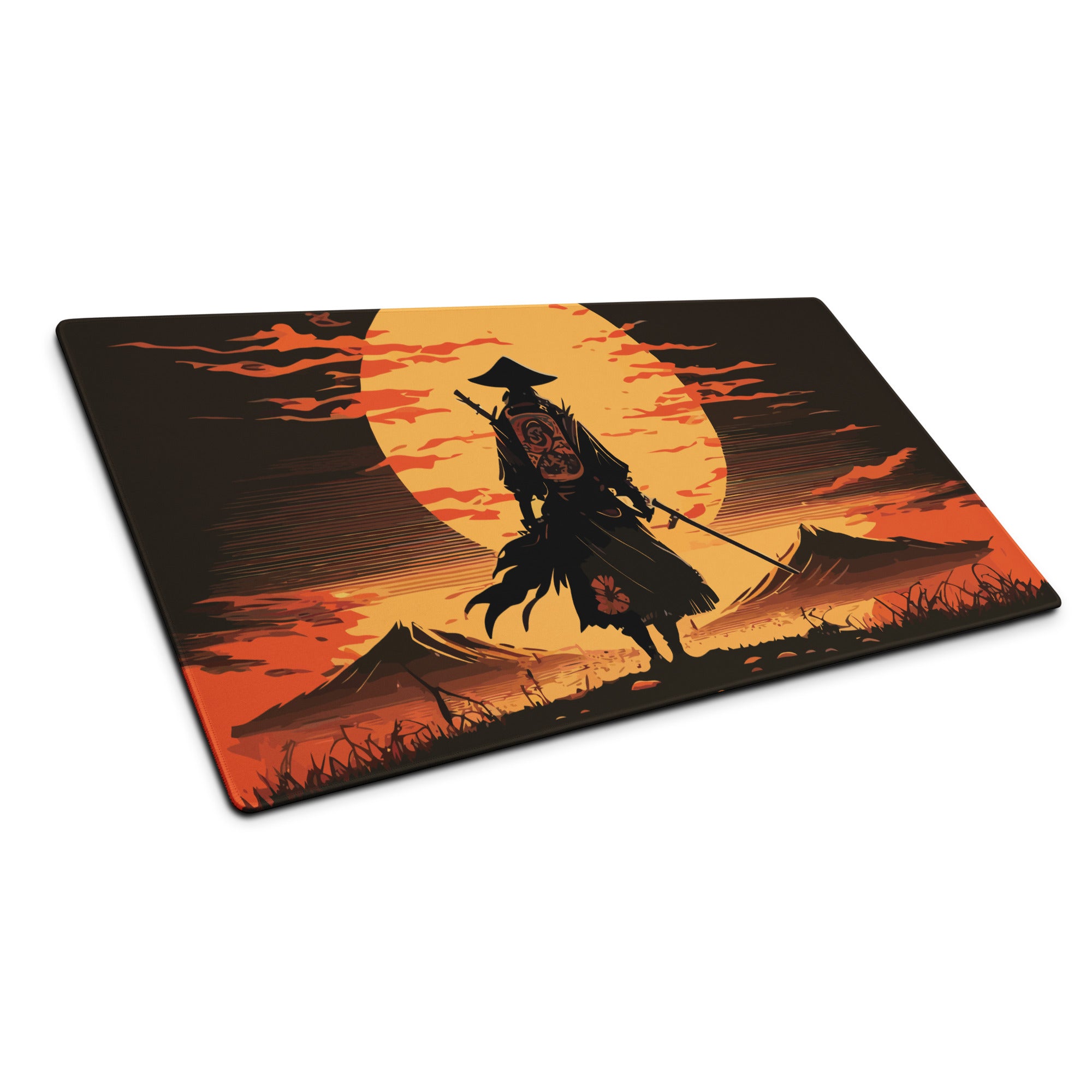 Sunset Samurai Gaming Mouse Pad - Samurai Orange Black Desk Mat Dramatic Mood Minimalist Anime Inspired