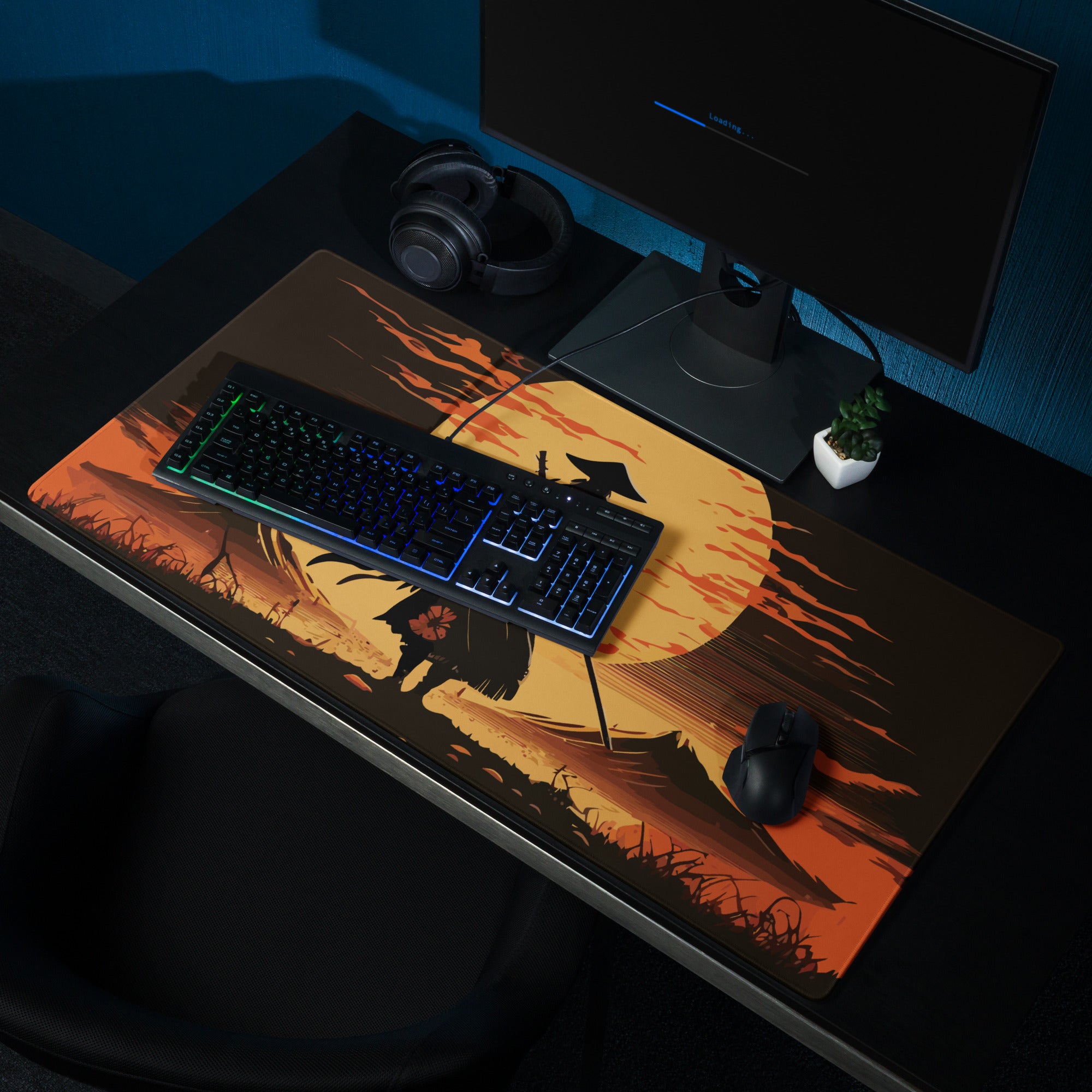 Sunset Samurai Gaming Mouse Pad - Samurai Orange Black Desk Mat Dramatic Mood Minimalist Anime Inspired
