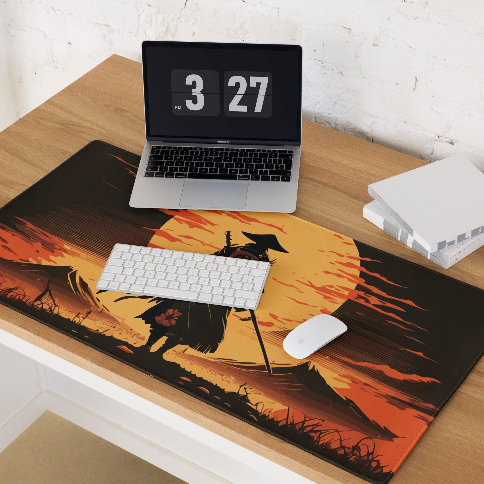 Sunset Samurai Gaming Mouse Pad - Samurai Orange Black Desk Mat Dramatic Mood Minimalist Anime Inspired