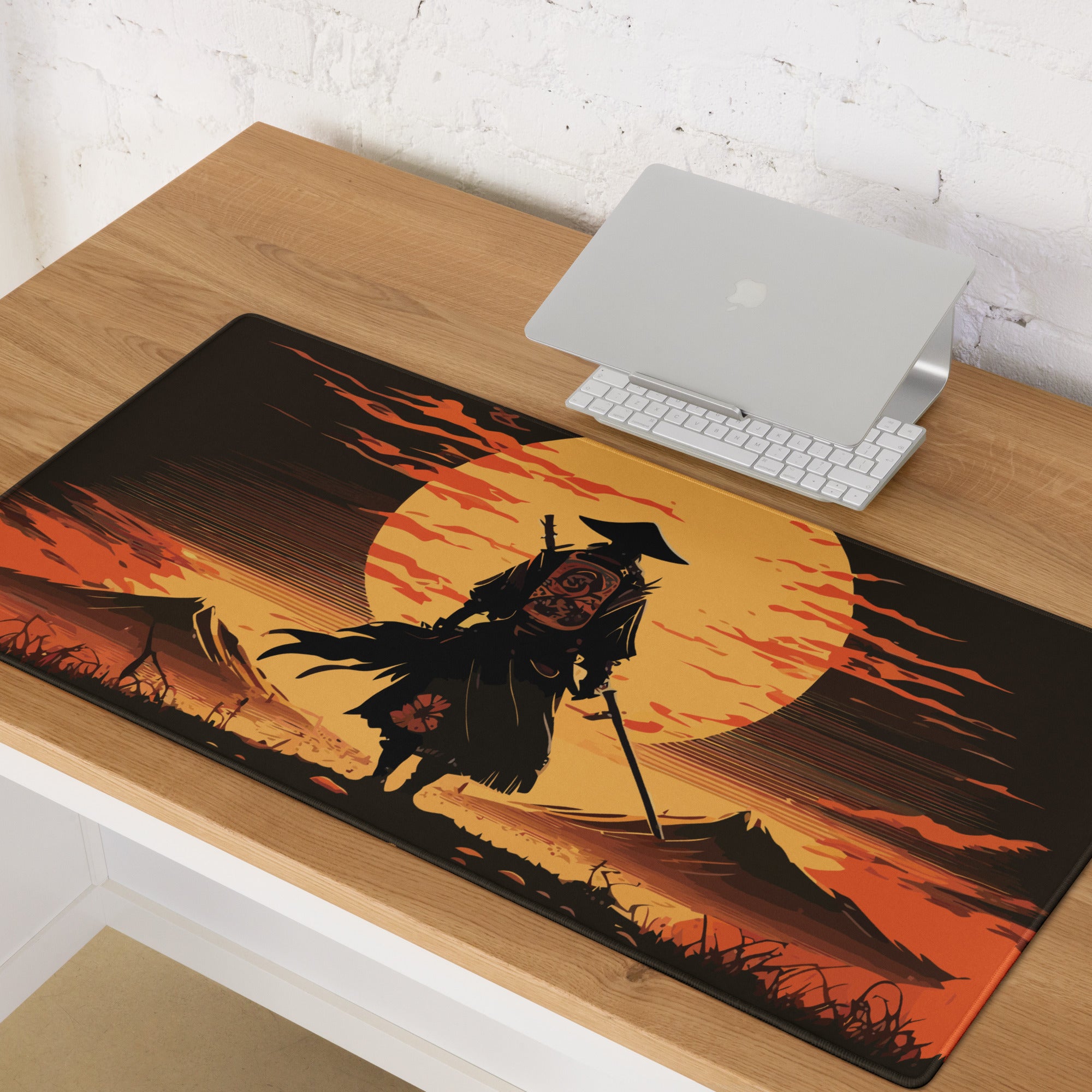 Sunset Samurai Gaming Mouse Pad - Samurai Orange Black Desk Mat Dramatic Mood Minimalist Anime Inspired