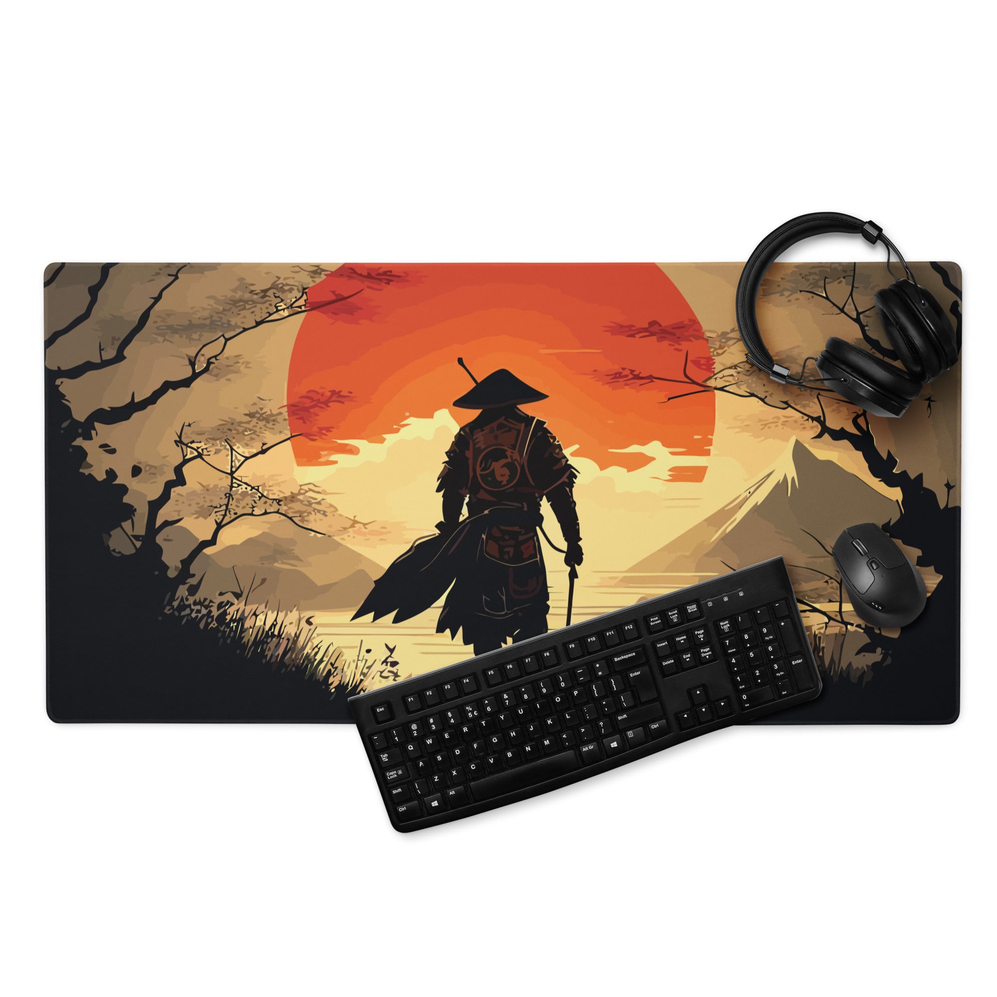 Crimson Sun Samurai Mouse Pad - Samurai Crimson Sun Gaming Desk Ukiyoe Dramatic Warmth Modern Japanese Decor Digital Art