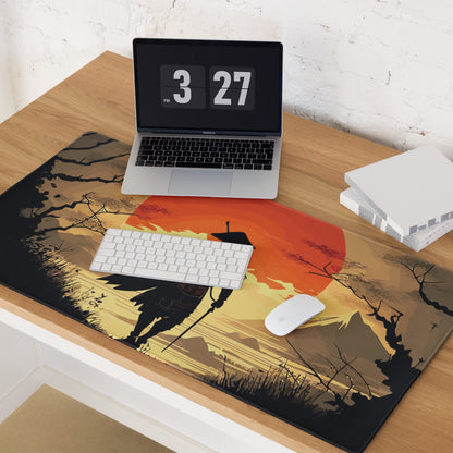 Crimson Sun Samurai Mouse Pad - Samurai Crimson Sun Gaming Desk Ukiyoe Dramatic Warmth Modern Japanese Decor Digital Art