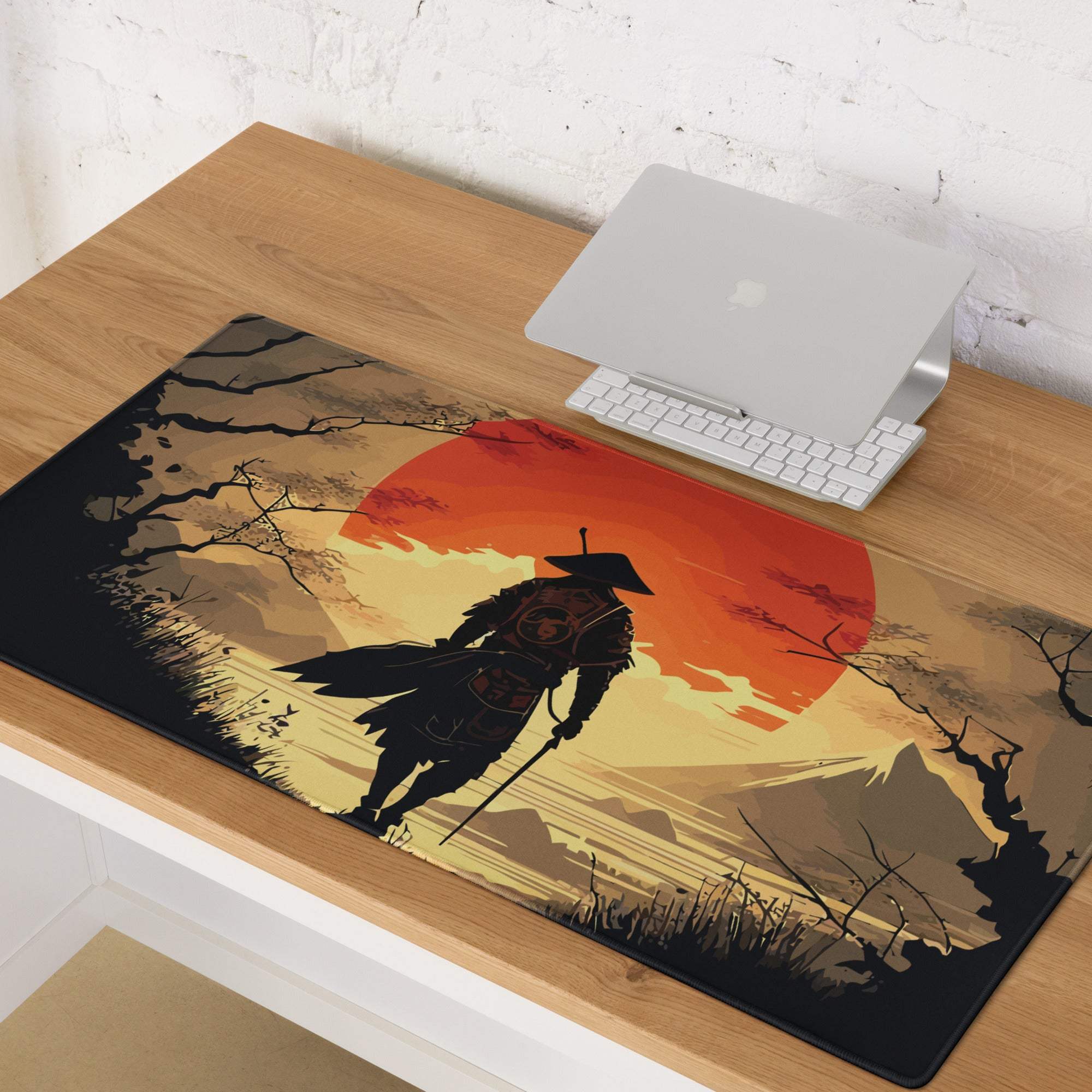 Rectangular crimson sun samurai gaming mousepad with stylized samurai silhouette and vibrant orange sunset design